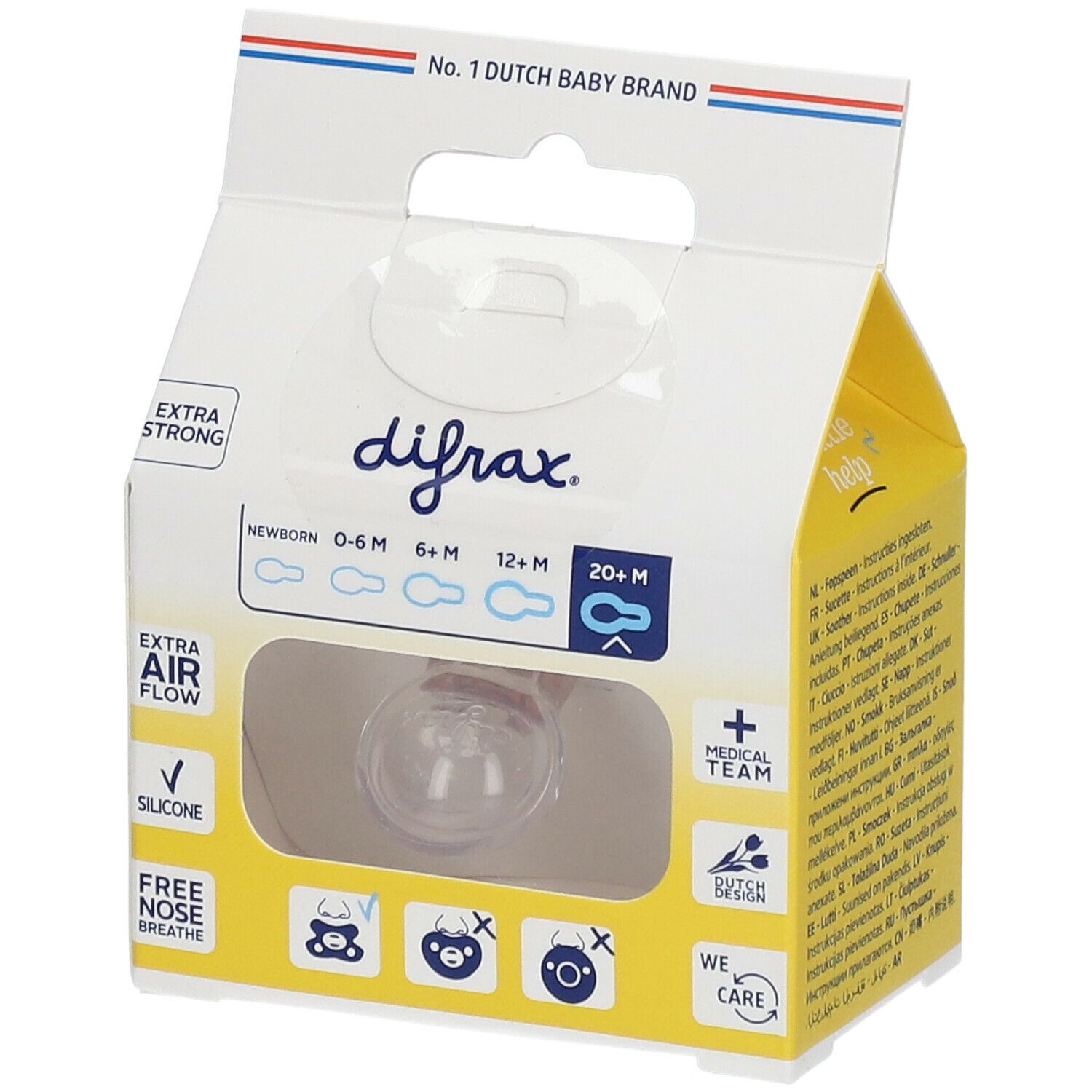 Verpakking met fopspeen. Opschrift: difrax, EXTRA STRONG, NEWBORN, 0-6 M, 6-12 M, 12+ M, 20+ M. Gele achtergrond.