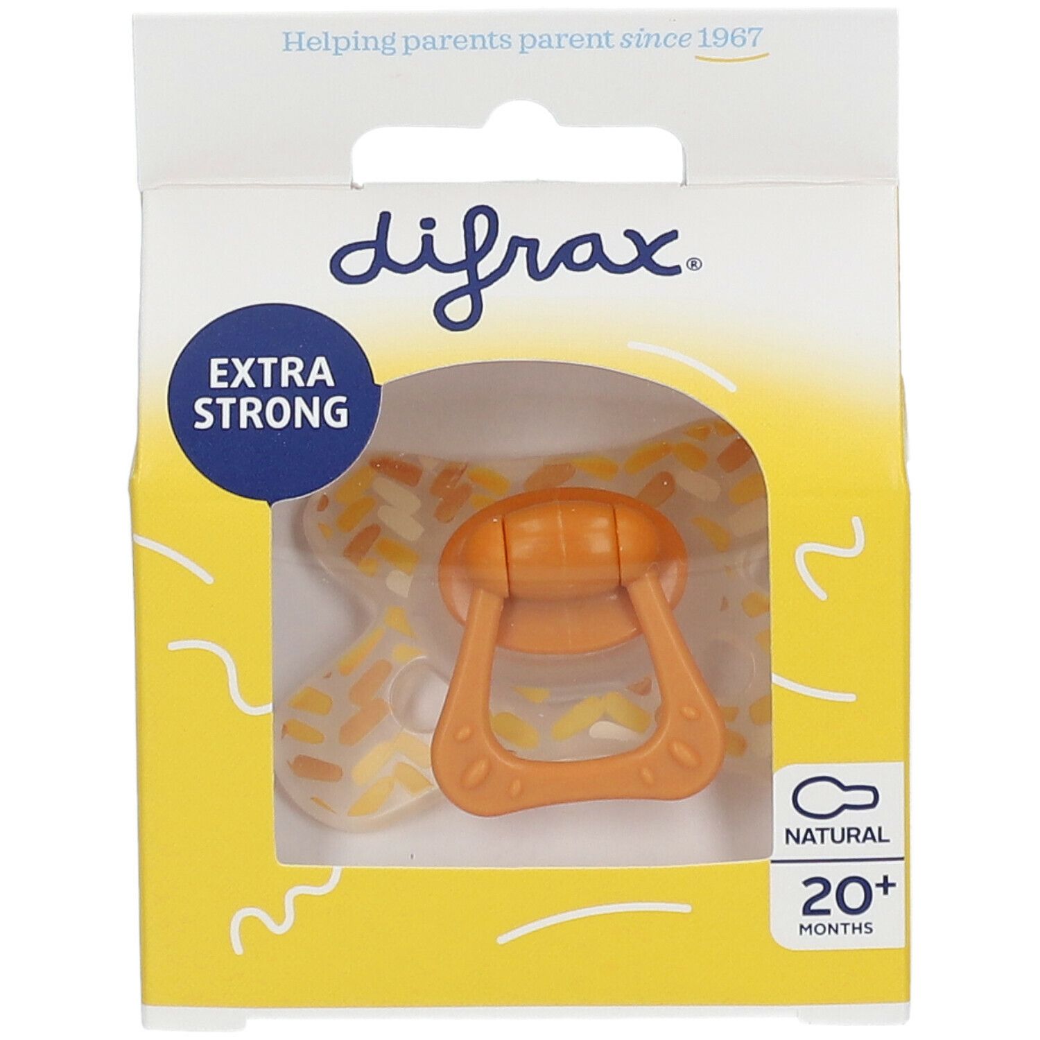 Fopspeen in gele verpakking. Zichtbaar: oranje speen, handvat. Opschrift: difrax, EXTRA STRONG, NATURAL, 20+ MONTHS.