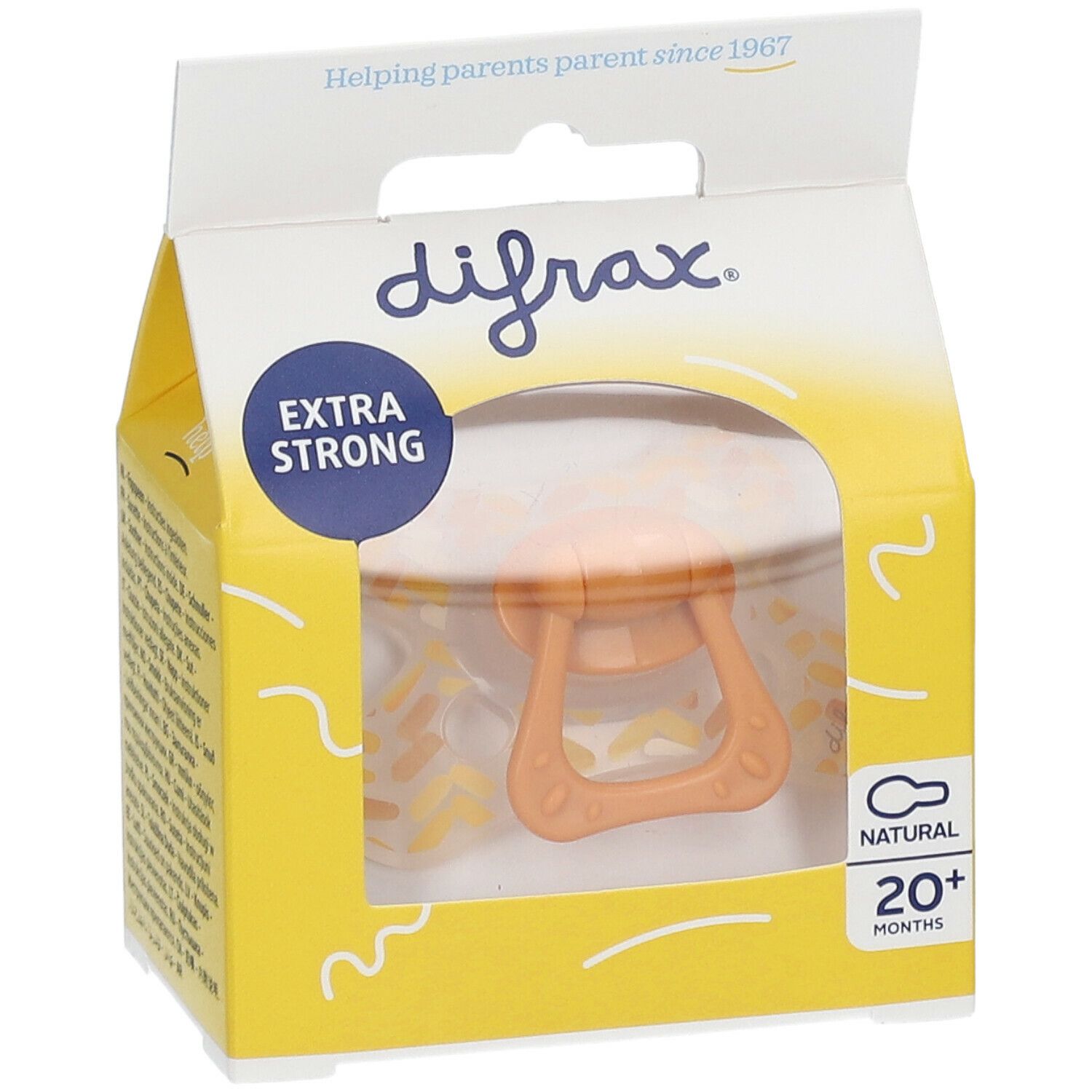 Fopspeen in gele verpakking. Zichtbaar: oranje speen, handvat. Opschrift: difrax, EXTRA STRONG, NATURAL, 20+ MONTHS.