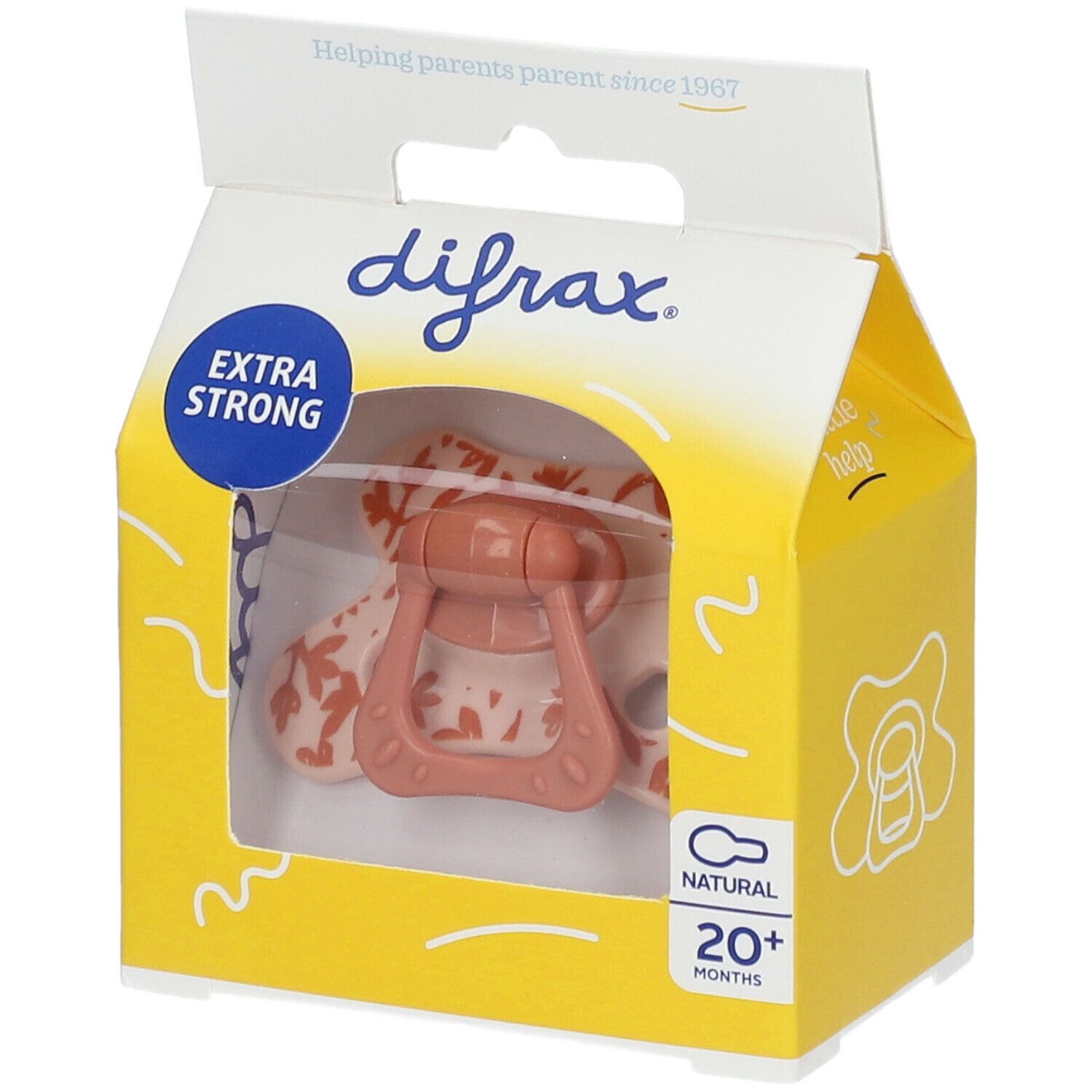 Verpakking met roze fopspeen. Opschriften: "difrax", "EXTRA STRONG", "NATURAL 20+ MONTHS". Transparant venster.
