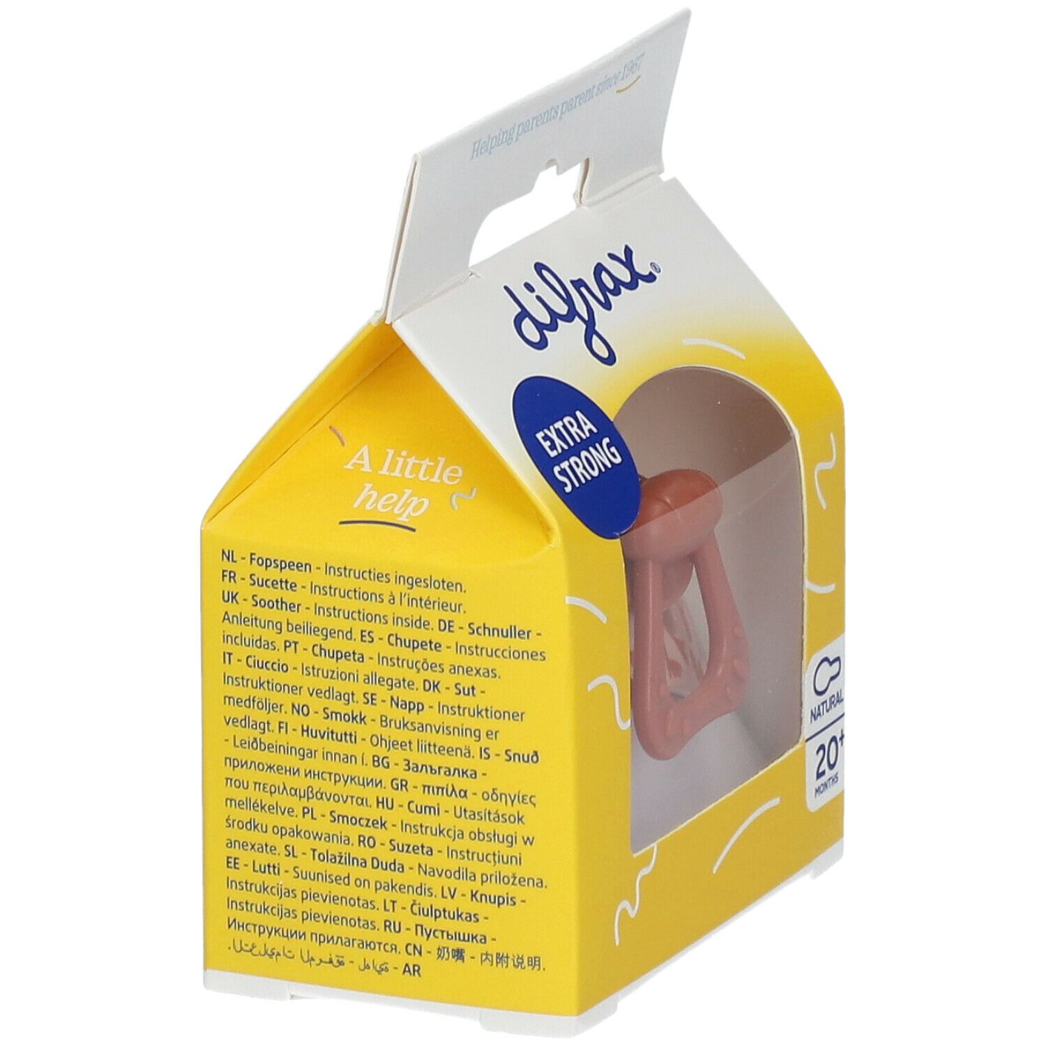 Verpakking met roze fopspeen. Opschriften: "difrax", "EXTRA STRONG", "NATURAL 20+ MONTHS".