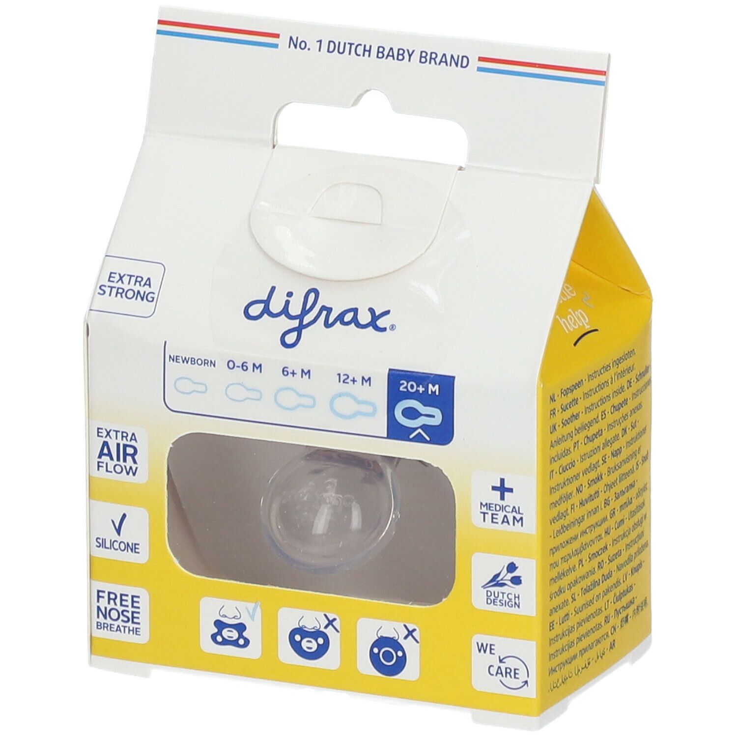 Verpakking met fopspeen. Opschriften: "difrax", "EXTRA STRONG", "NATURAL 20+ MONTHS".
