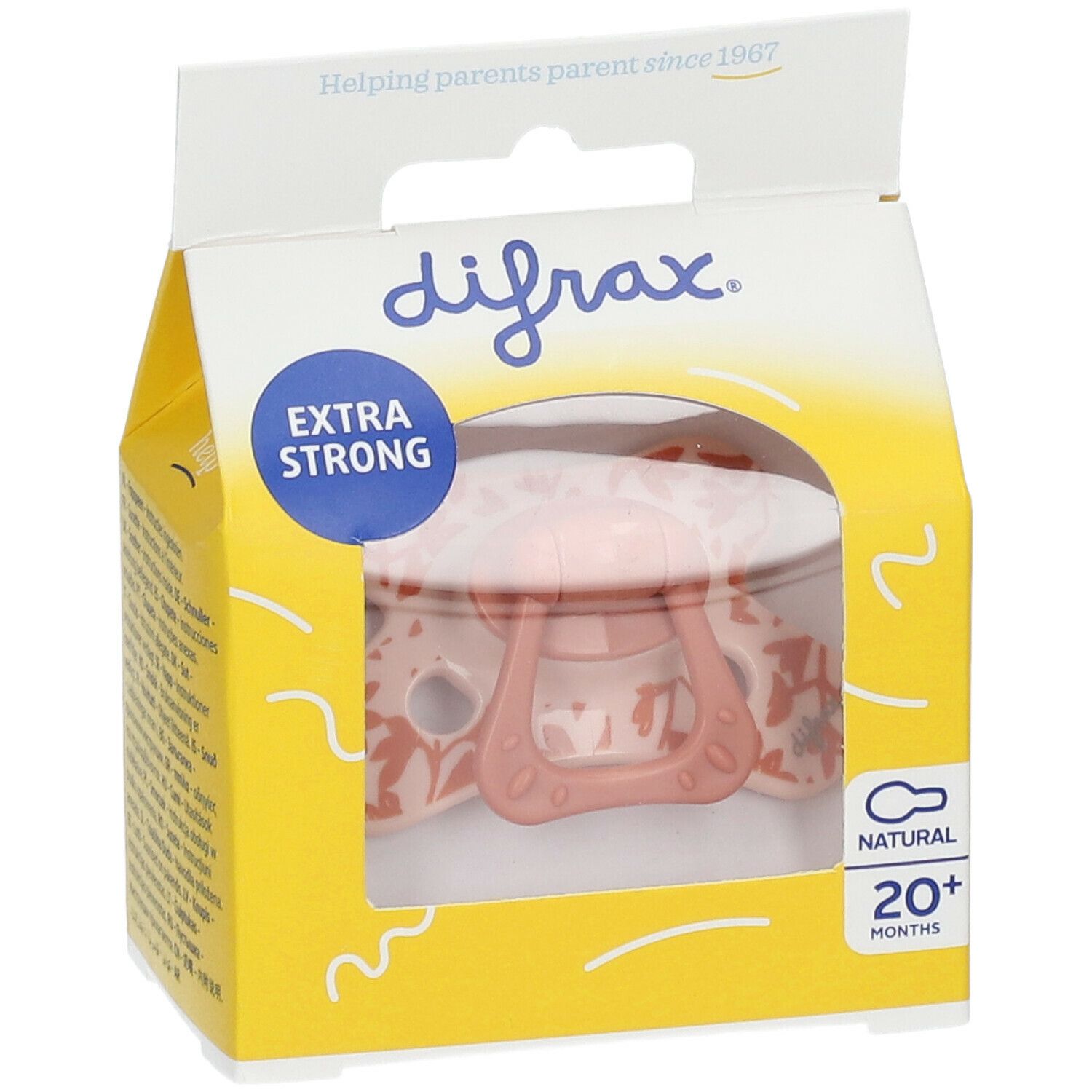Verpakking met roze fopspeen. Opschriften: "difrax", "EXTRA STRONG", "NATURAL 20+ MONTHS". Transparant venster.