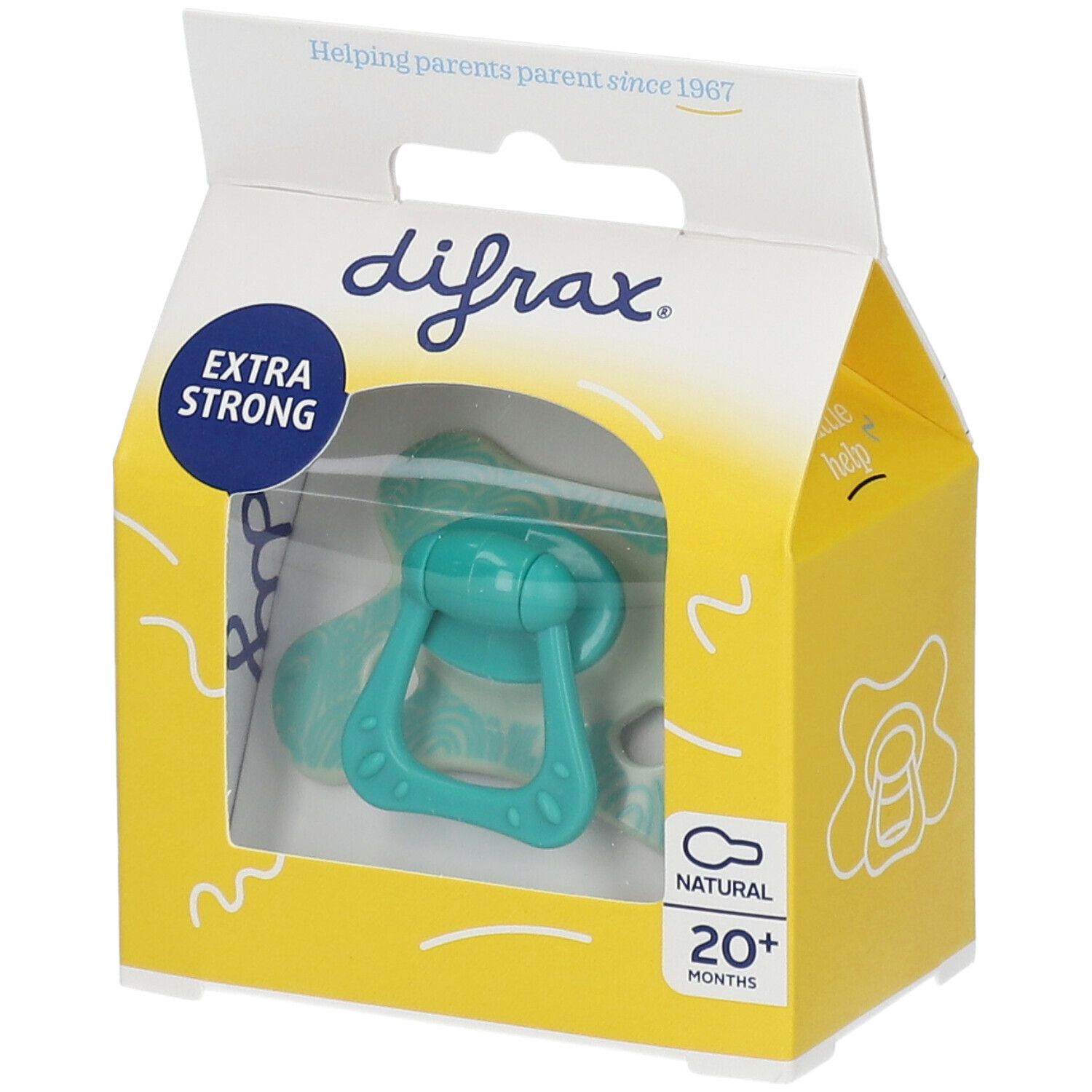 Turquoise fopspeen in gele verpakking met venster. Opschrift "difrax" en "20+ months".