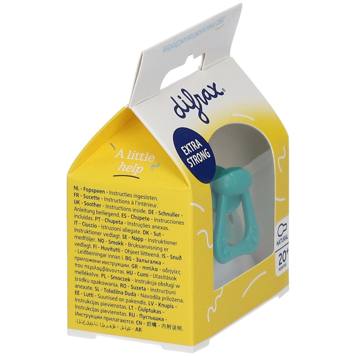Verpakking met turquoise fopspeen. Opschriften "difrax", "EXTRA STRONG" en "20+ months". Meertalige instructies.