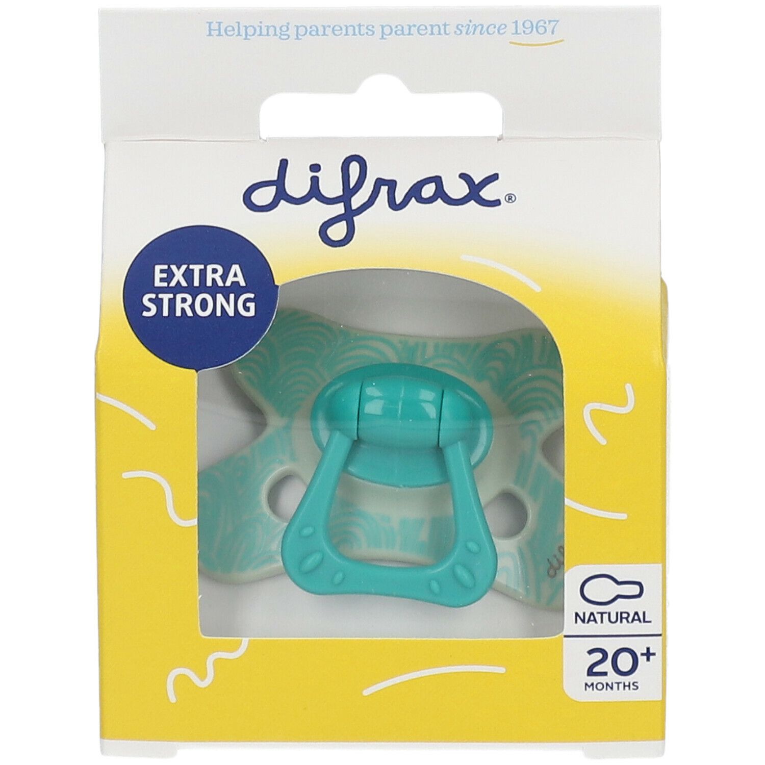 Turquoise fopspeen in gele verpakking. Opschriften "difrax", "EXTRA STRONG" en "20+ months". Patroon op de speen.