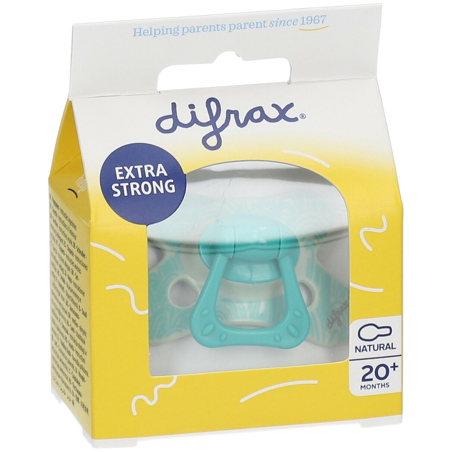 Turquoise fopspeen in gele verpakking. Opschriften "difrax", "EXTRA STRONG" en "20+ months".