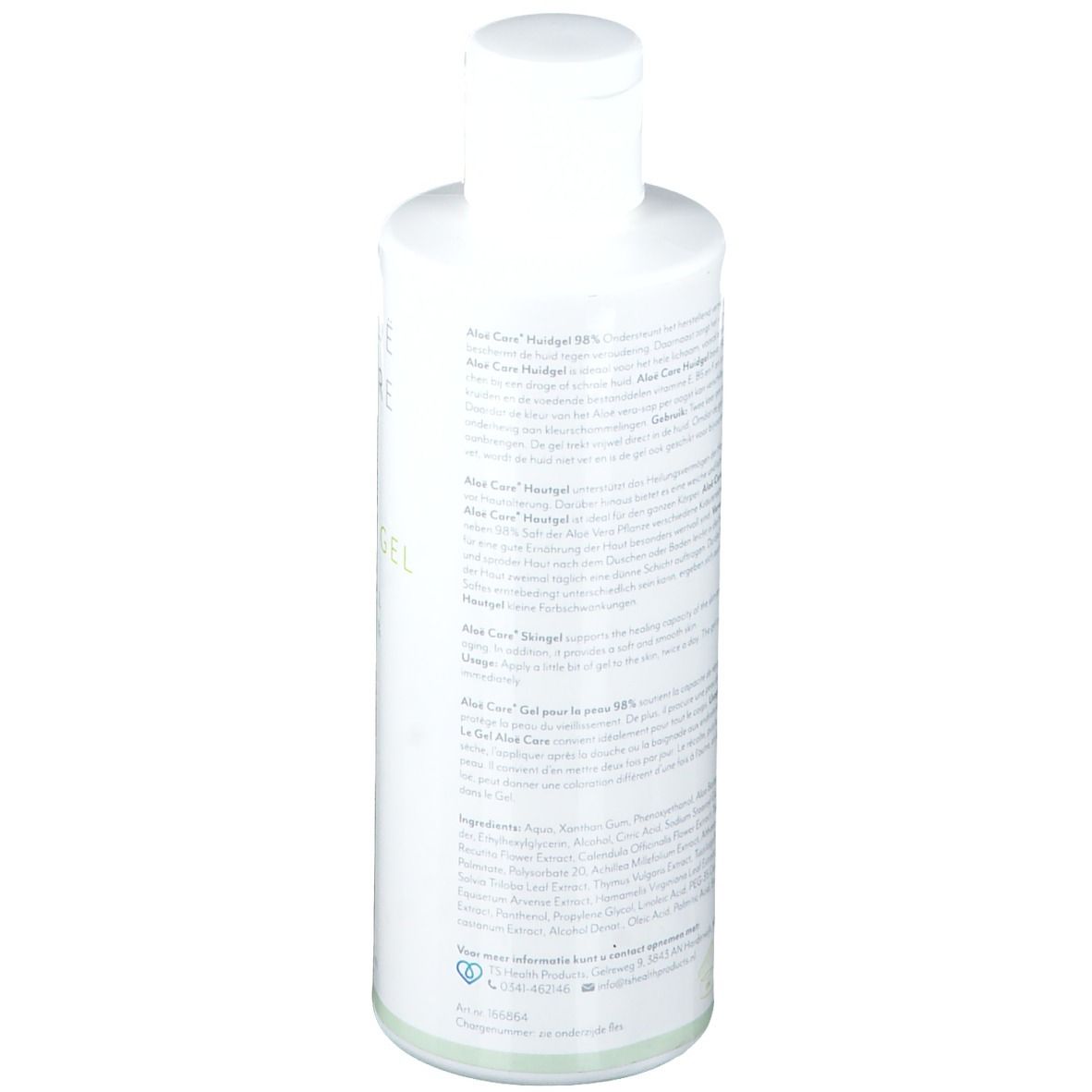 Achterkant van een witte fles met tekst. Bevat informatie over Aloe Care Huid Gel.