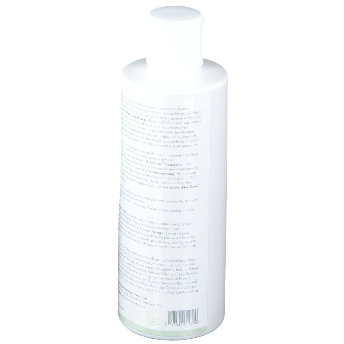 Achterkant van een witte fles met tekst. Bevat informatie over Aloe Care Huid Gel.