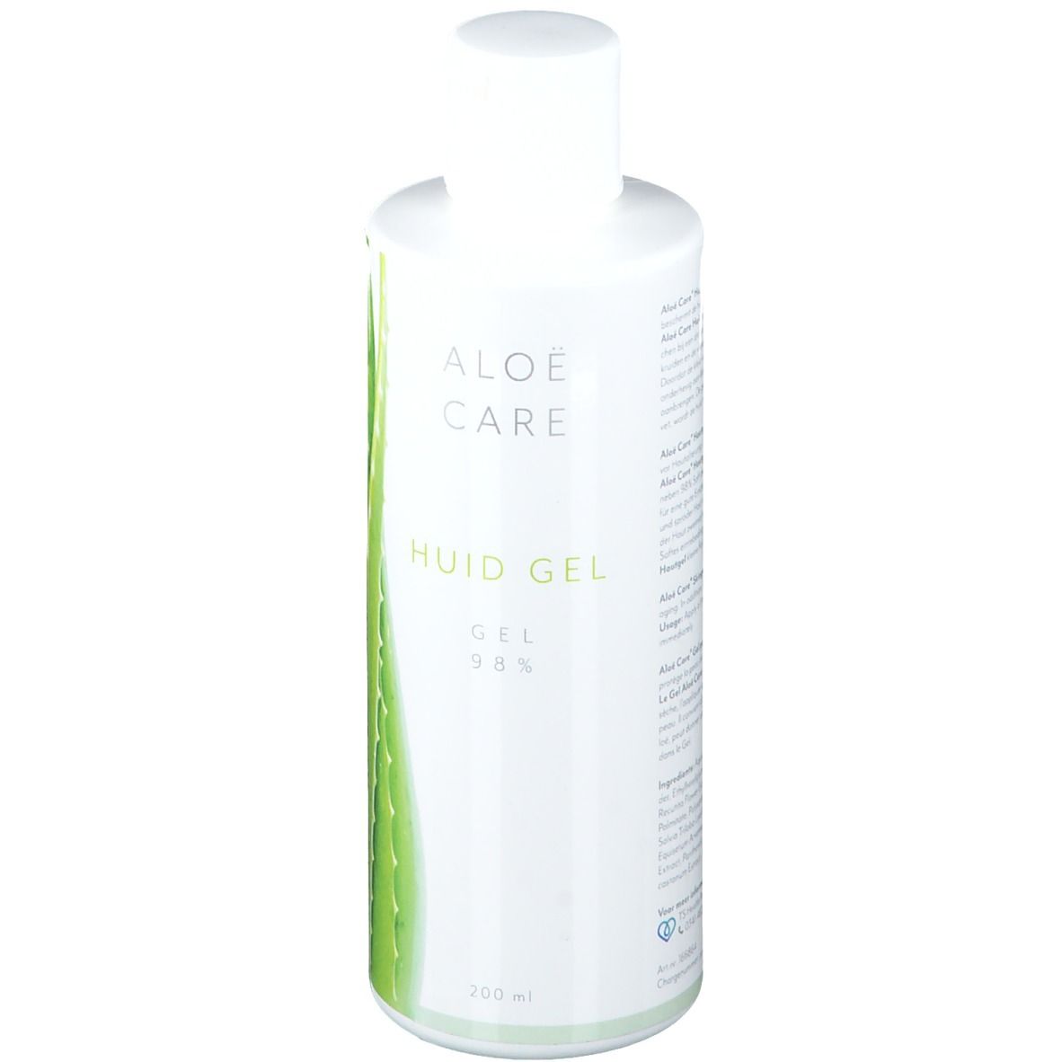 Witte fles met Aloe Care Huid Gel. Opschrift: Gel 98%. Illustratie van aloë vera.