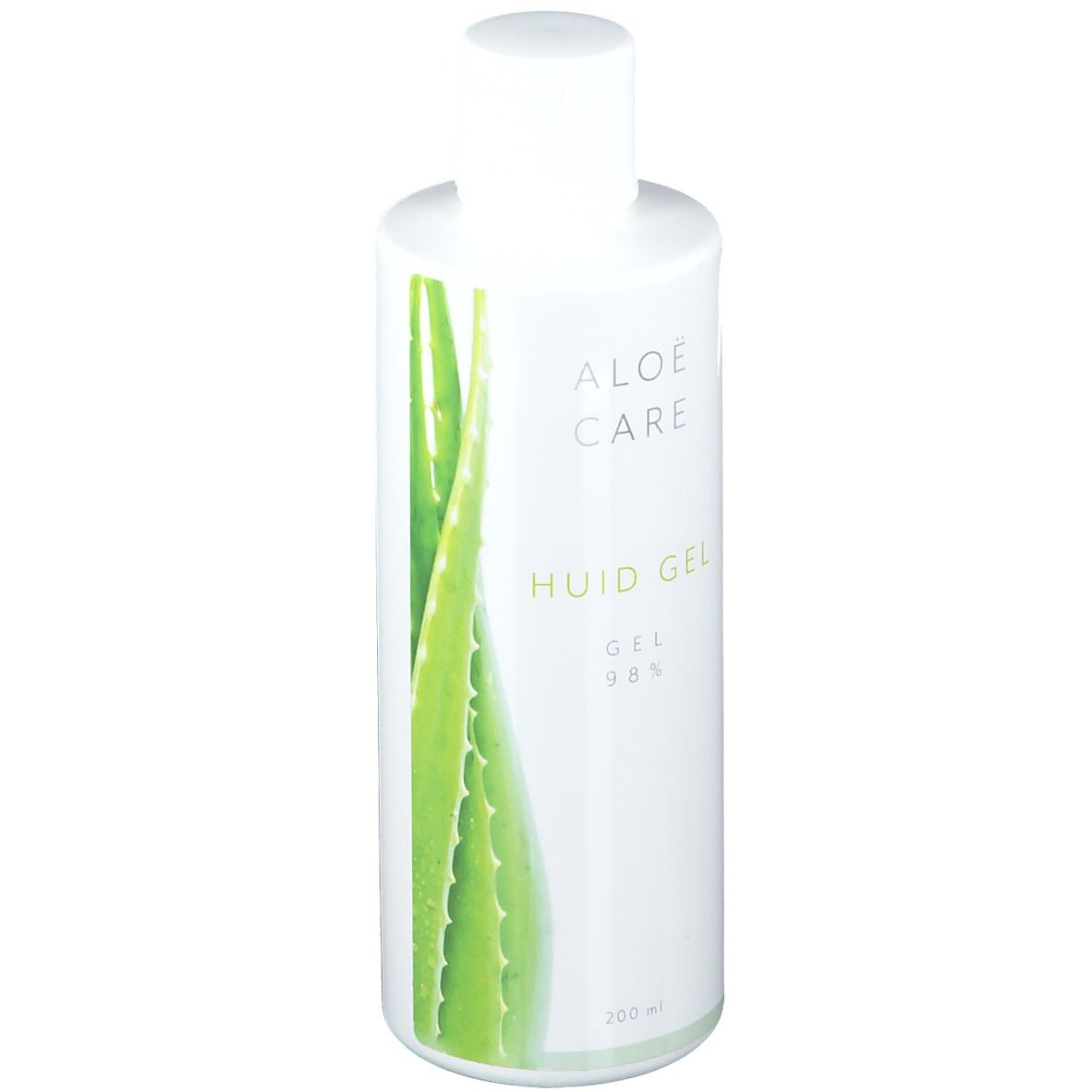 Witte fles met Aloe Care Huid Gel. Opschrift: Gel 98%. Illustratie van aloë vera.