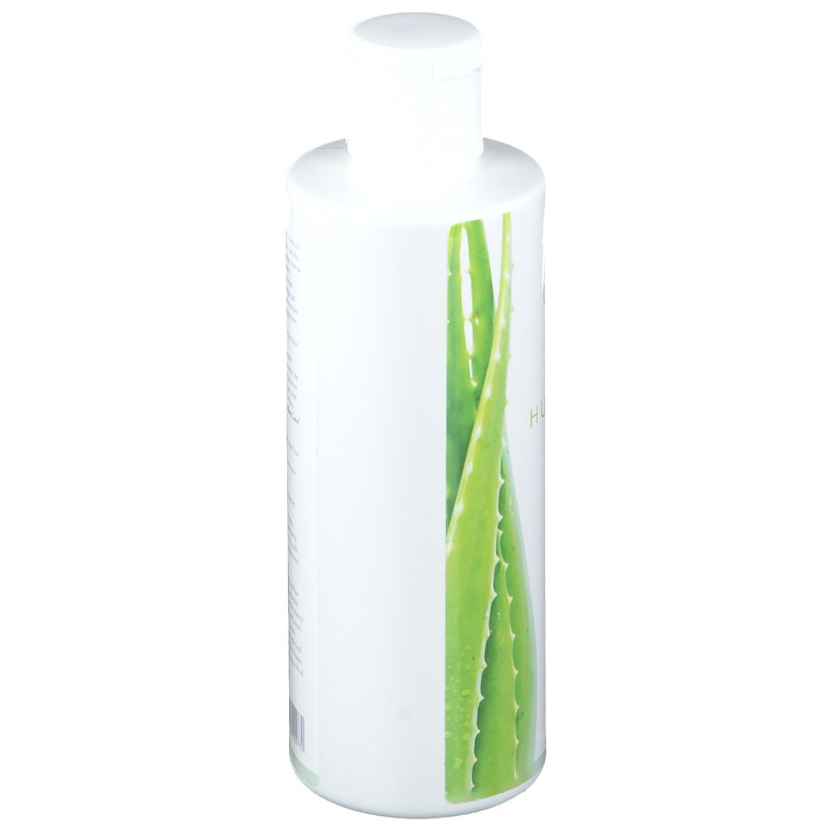 Witte fles met Aloe Care Huid Gel. Illustratie van aloë vera.