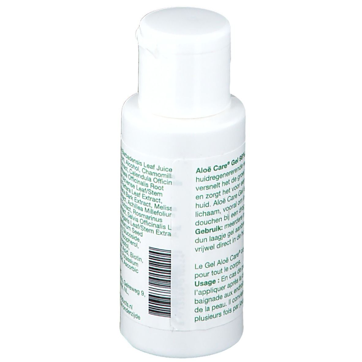 Achterkant van de witte fles. Tekst in het Nederlands. Productbeschrijving en gebruiksaanwijzing.