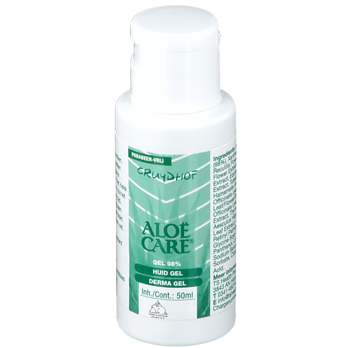 Witte fles met klapdeksel. Opschrift: Aloe Care Gel 98%, Derma Gel. Inhoud: 50ml. Groen-wit etiket.