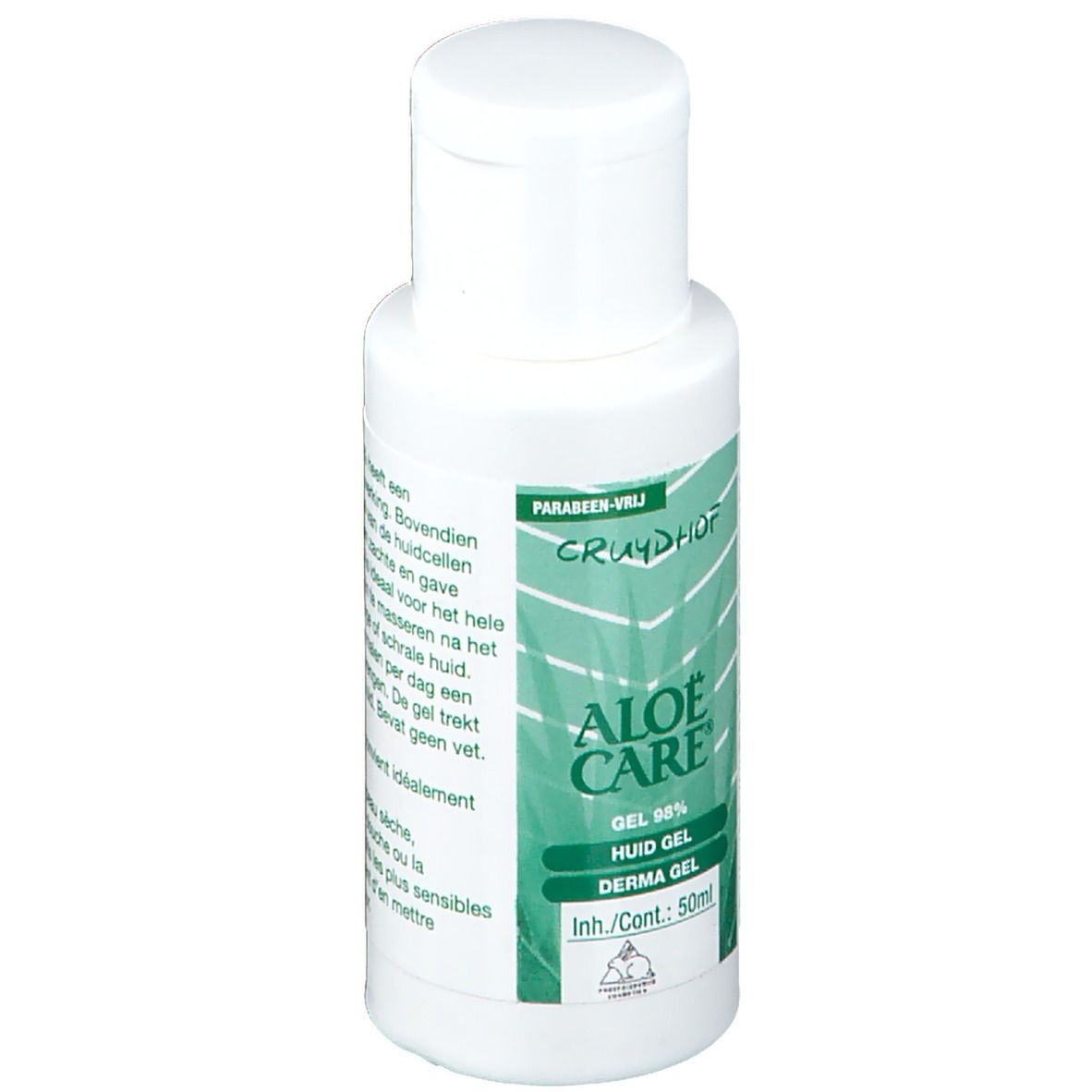 Witte fles met klapdeksel. Opschrift: Aloe Care Gel 98%, Derma Gel. Inhoud: 50ml. Groen-wit etiket.