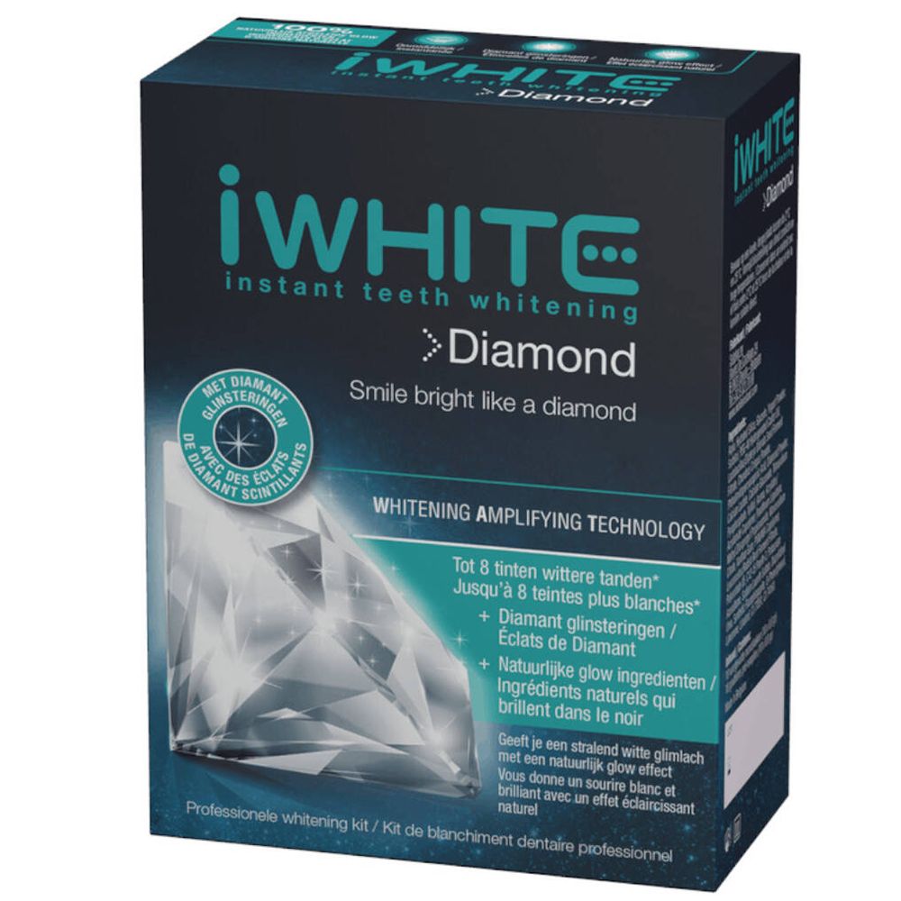 Doos iWhite Diamond Whitening Kit. Opschrift: Instant Teeth Whitening. Diamant-afbeelding.