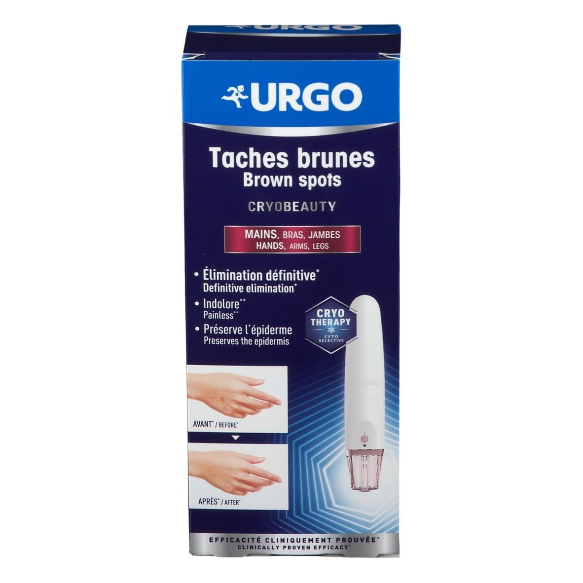 Verpakking van URGO Cryobeauty Taches brunes. Blauwe doos met productnaam en logo. Illustratie van het product en handen. Indicaties voor handen, armen, benen.