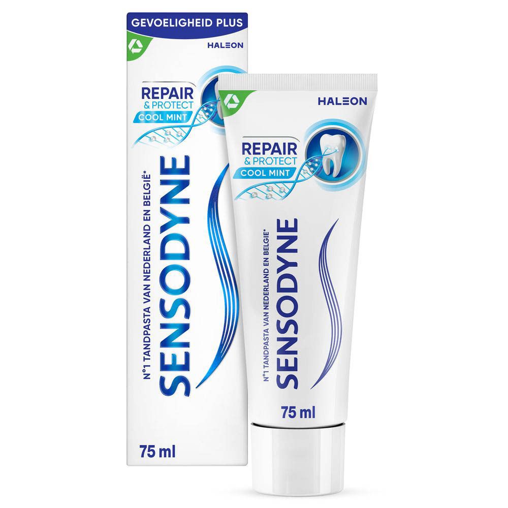 Sensodyne Repair & Protect Cool Mint tandpasta en doos. 75 ml. Logo en tekst op tube en doos.