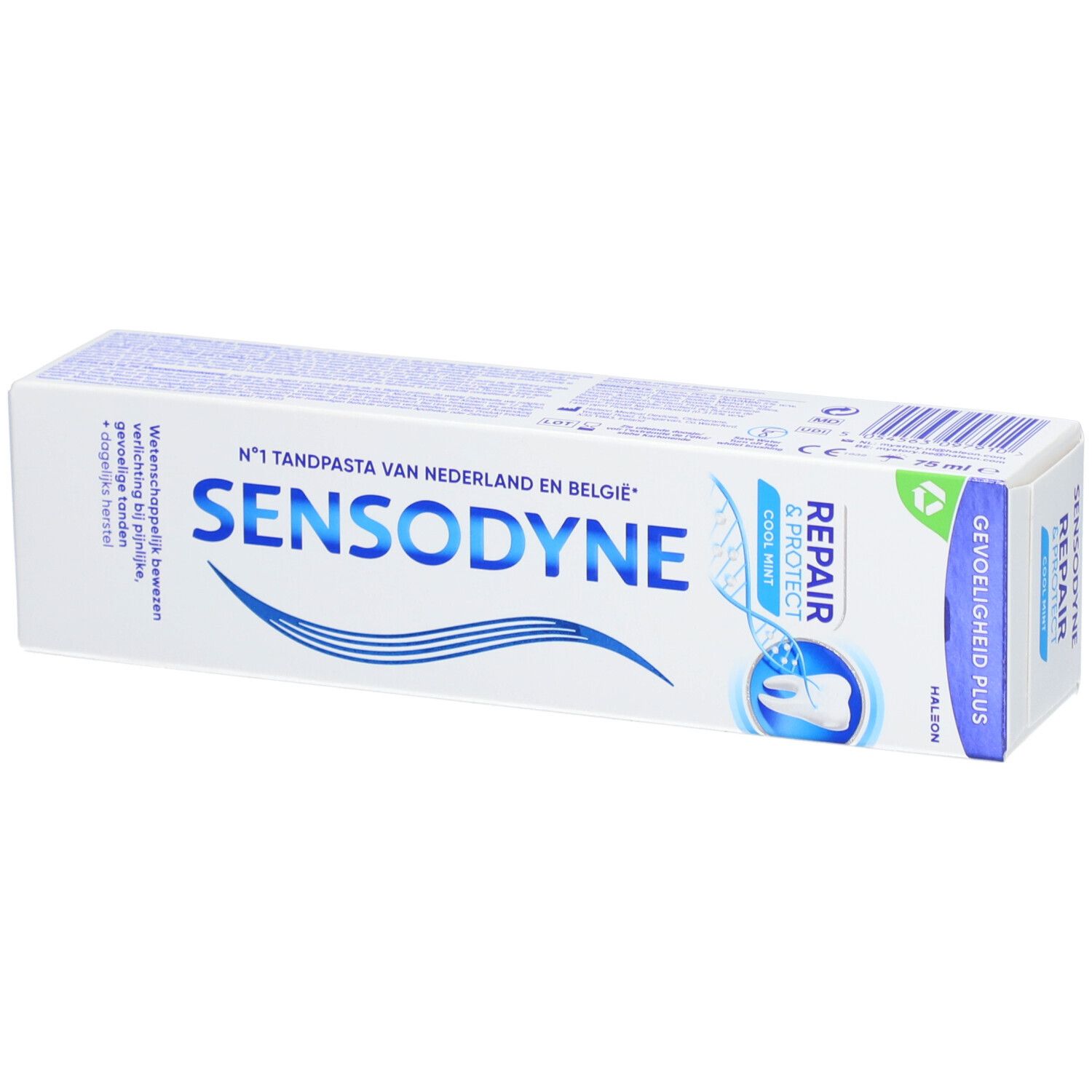 Tandpastadoos Sensodyne Repair & Protect Cool Mint. Tekst: N°1 Tandpasta van Nederland en België.