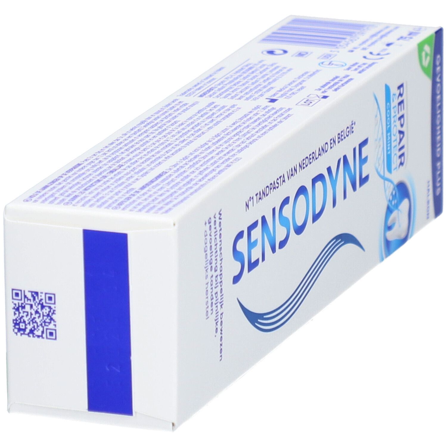 Tandpastadoos Sensodyne Repair & Protect Cool Mint. QR-code en blauwe markering op de zijkant.