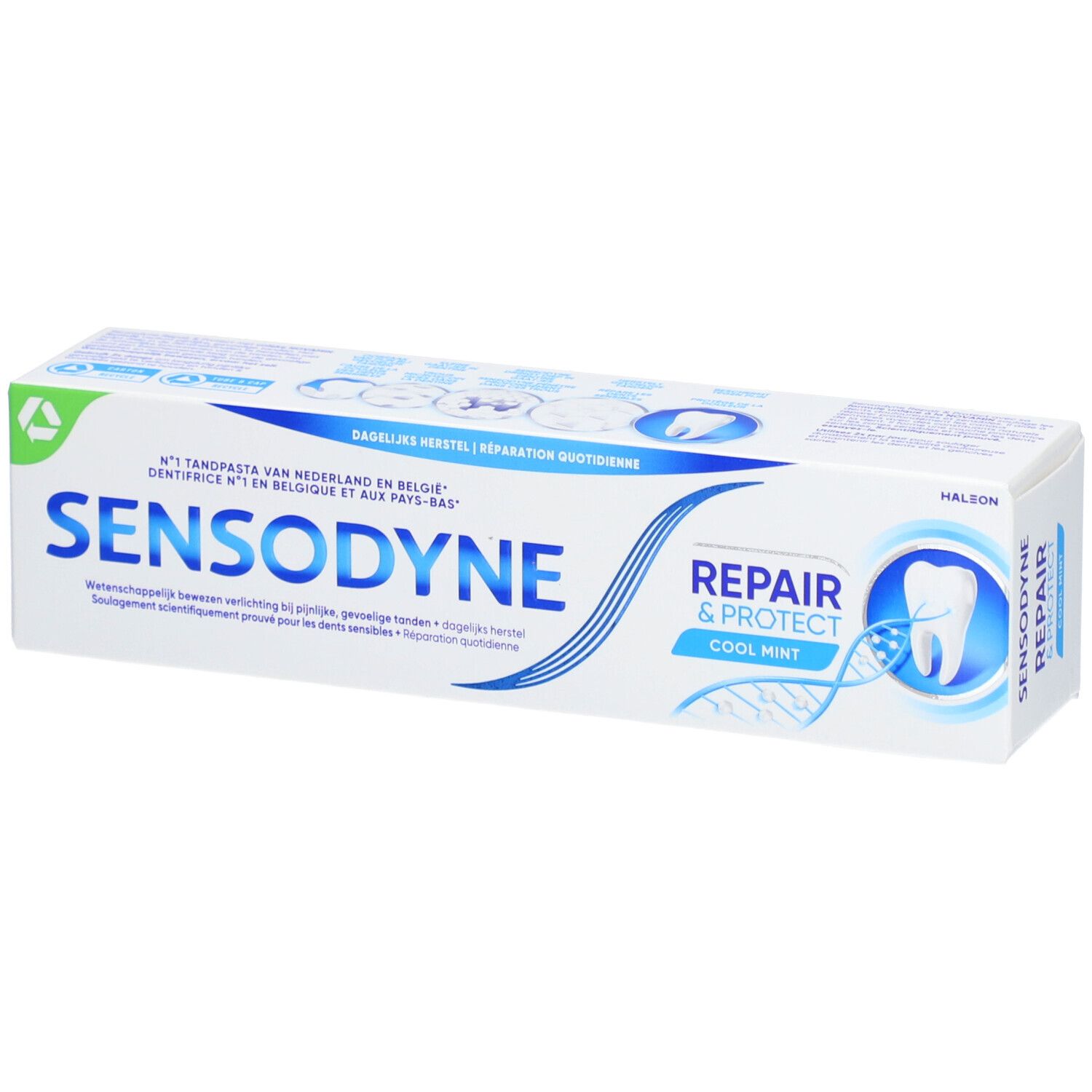 Tandpastadoos Sensodyne Repair & Protect Cool Mint. Tekst: N°1 Tandpasta en België en aux Pays-Bas.