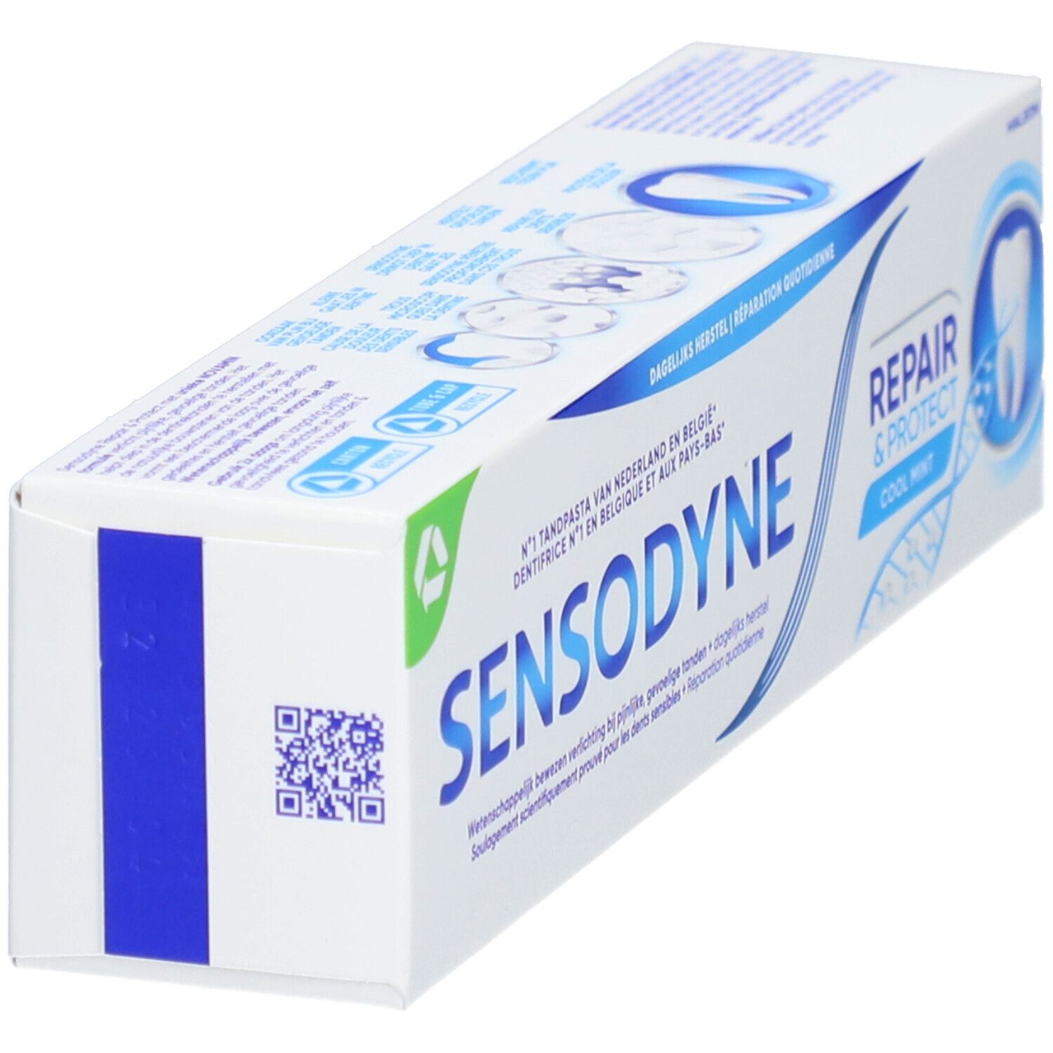 Tandpastadoos Sensodyne Repair & Protect Cool Mint. QR-code en blauwe markering op de zijkant.
