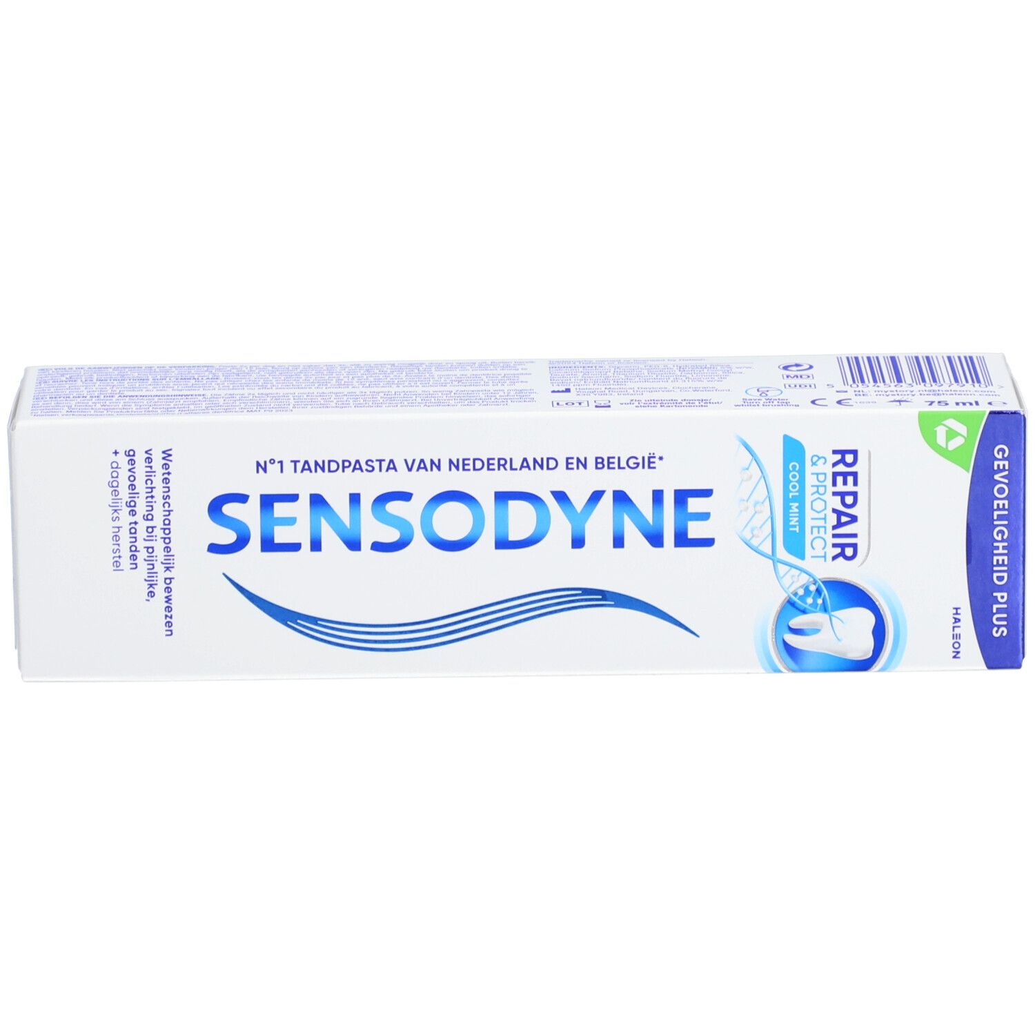 Tandpastadoos Sensodyne Repair & Protect Cool Mint. Tekst: N°1 Tandpasta van Nederland en België.