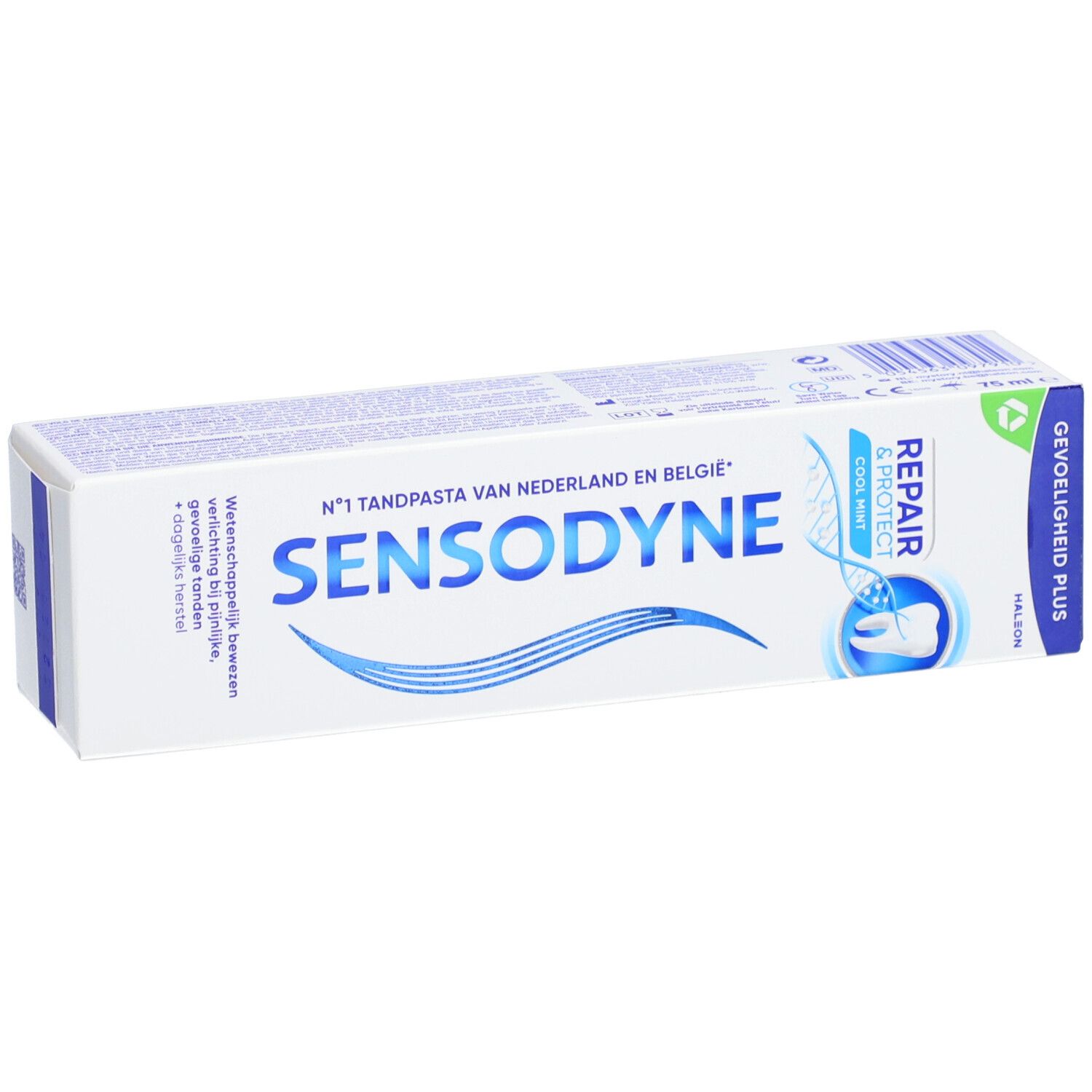 Tandpastadoos Sensodyne Repair & Protect Cool Mint. Tekst: N°1 Tandpasta van Nederland en België.