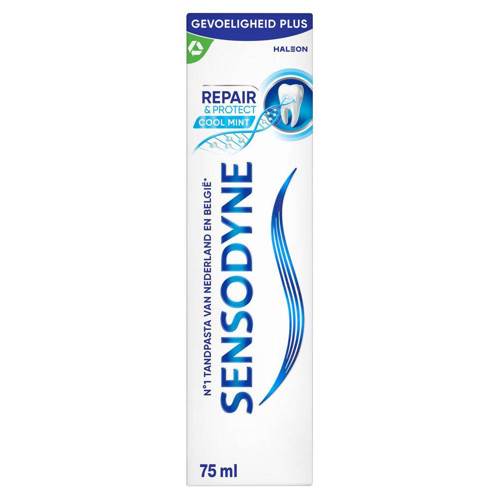 Sensodyne Repair & Protect Cool Mint tandpasta. 75 ml. Logo en tekst op de tube.