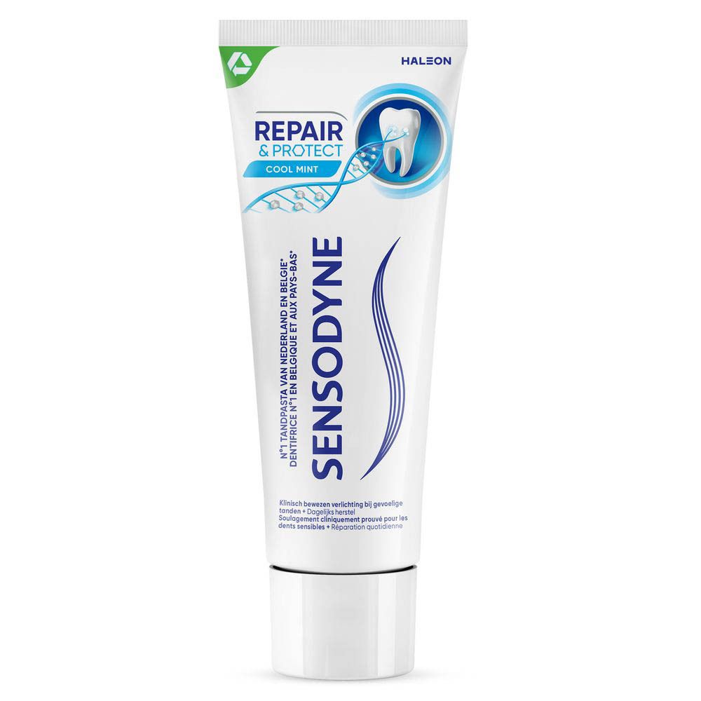 Sensodyne Repair & Protect Cool Mint tandpasta. 75 ml. Logo en tekst op de tube.