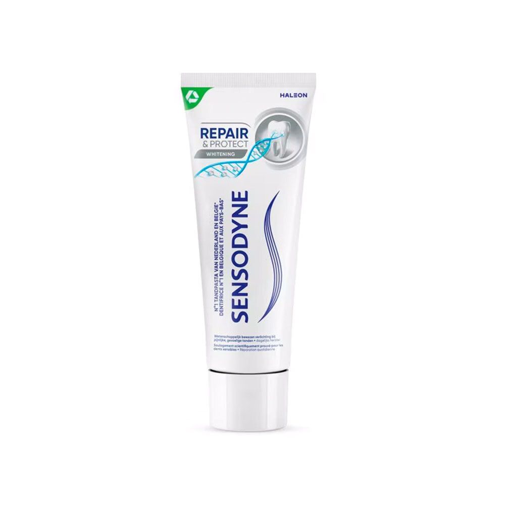 Tube de dentifrice blanche, motif vagues bleues. Texte: SENSODYNE, REPAIR & PROTECT Whitening.
