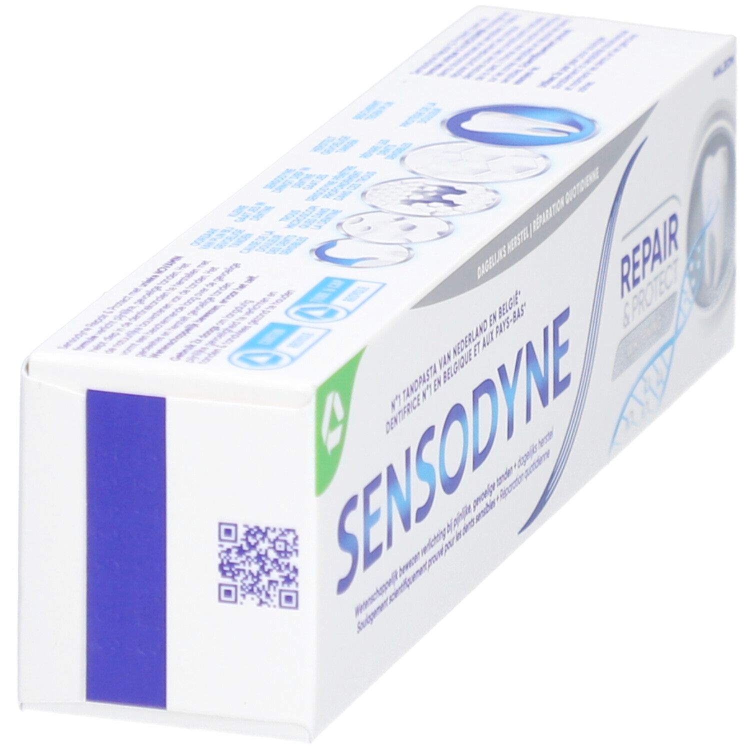 Boîte de dentifrice, blanche, motif vagues bleues. Texte: SENSODYNE, REPAIR & PROTECT.