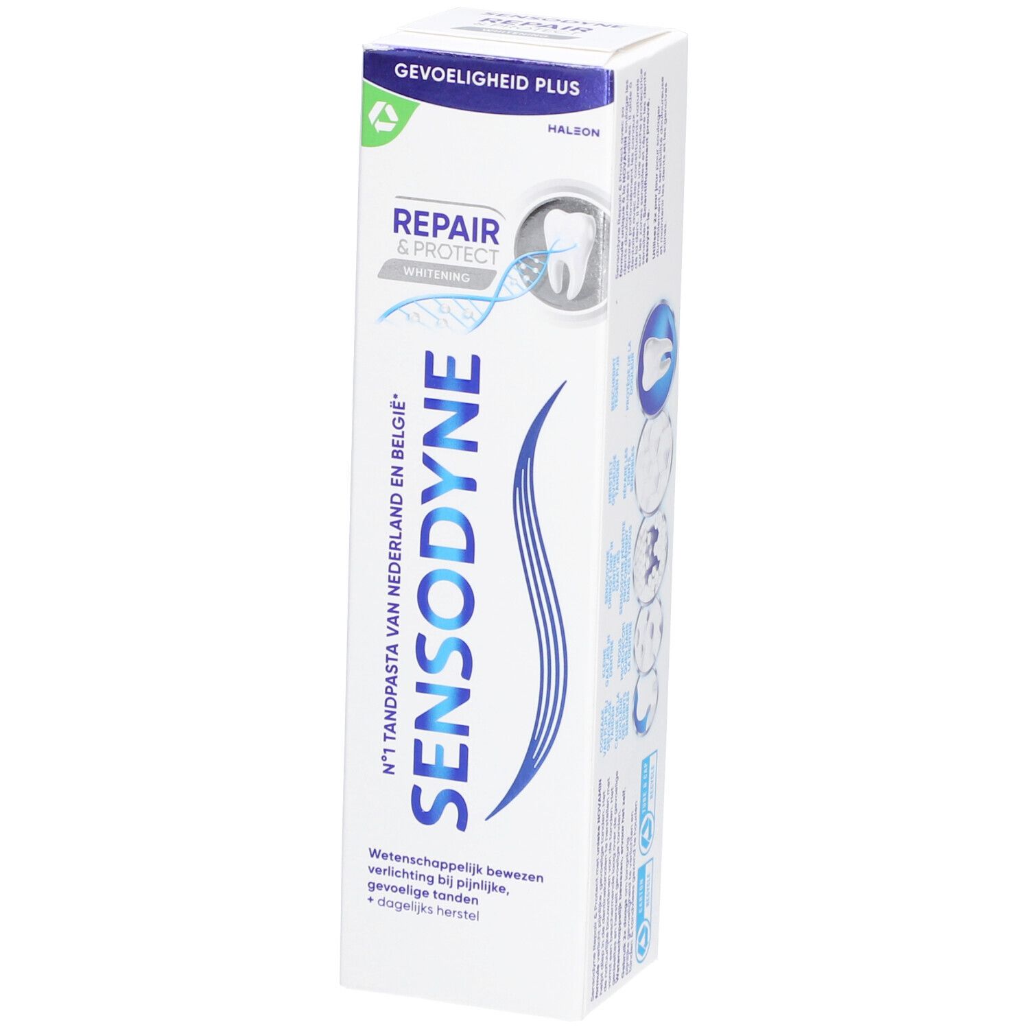 Boîte de dentifrice, blanche, motif vagues bleues. Texte: SENSODYNE, REPAIR & PROTECT.