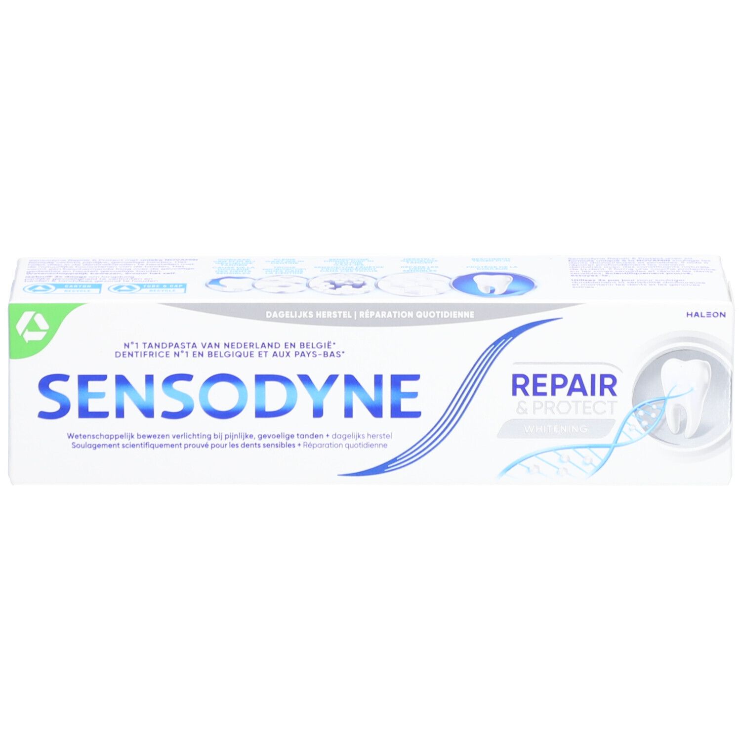 Boîte de dentifrice, blanche, motif vagues bleues. Texte: SENSODYNE, REPAIR & PROTECT.