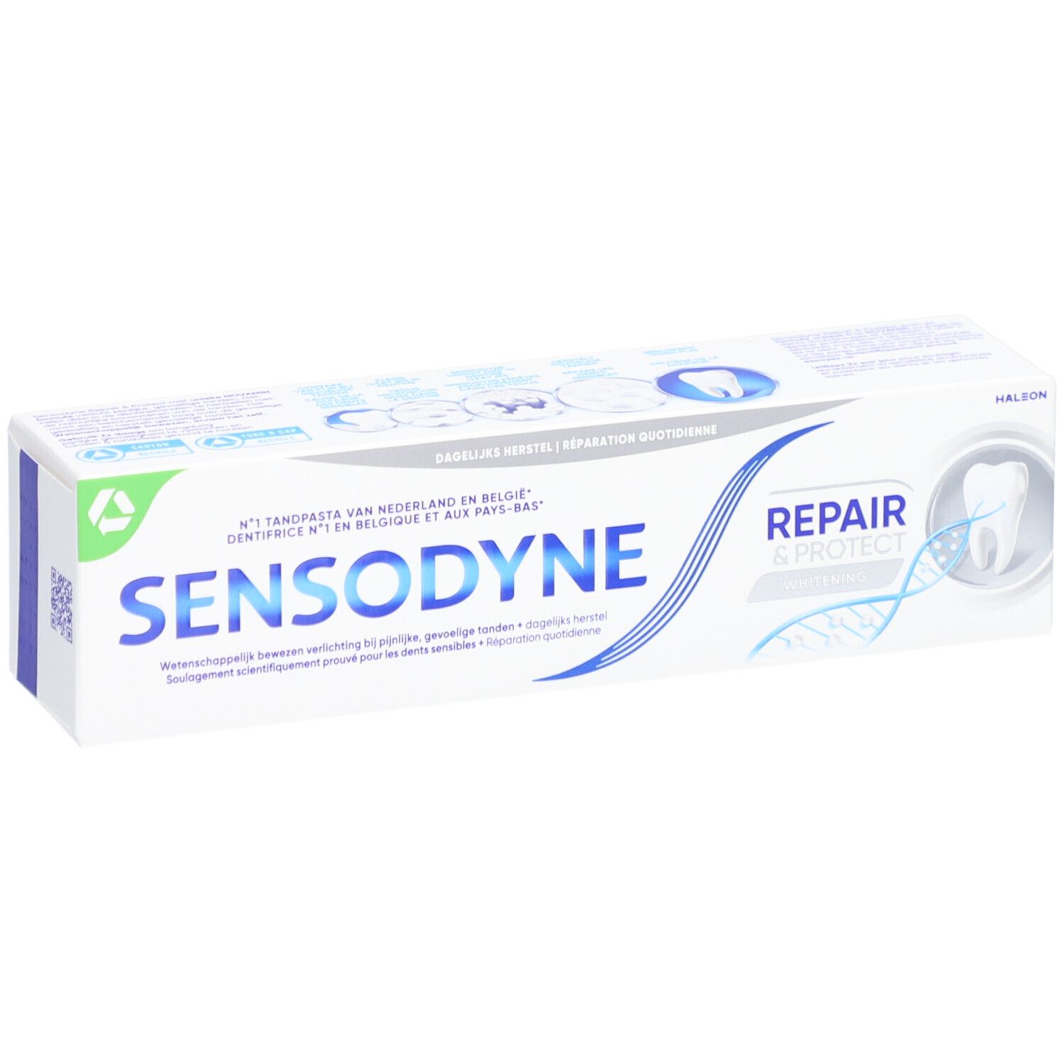 Boîte de dentifrice, blanche, motif vagues bleues. Texte: SENSODYNE, REPAIR & PROTECT.