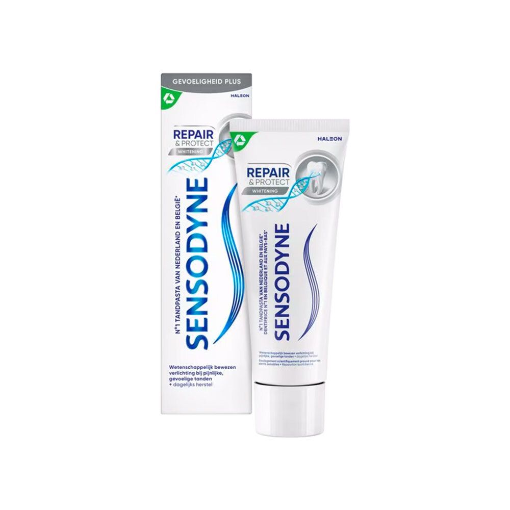 Tube et boîte de dentifrice. Blanc, motif vagues bleues. Texte: SENSODYNE, REPAIR & PROTECT.