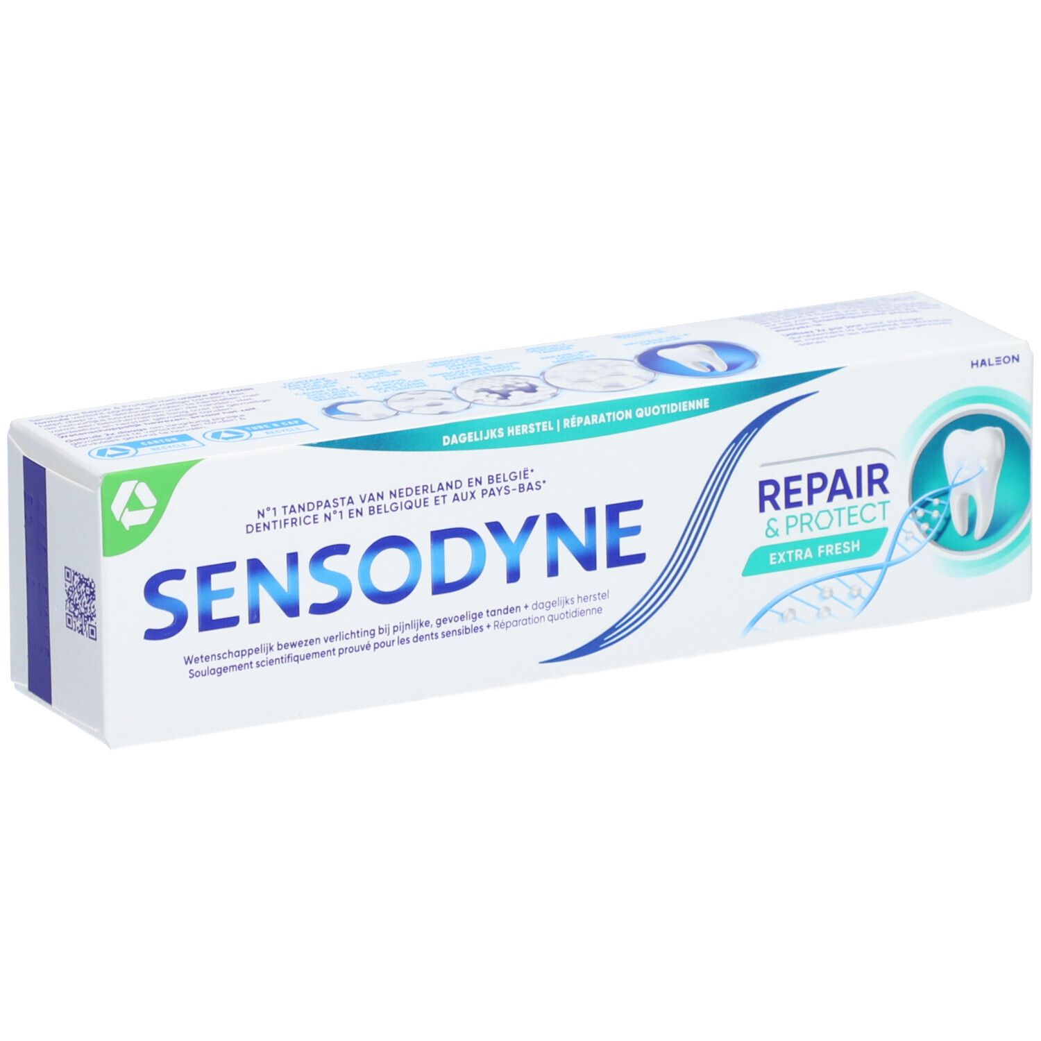 Emballage de dentifrice Sensodyne Repair & Protect Extra Fresh. Boîte blanche avec accents bleus et verts. Texte : Sensodyne, Repair & Protect.