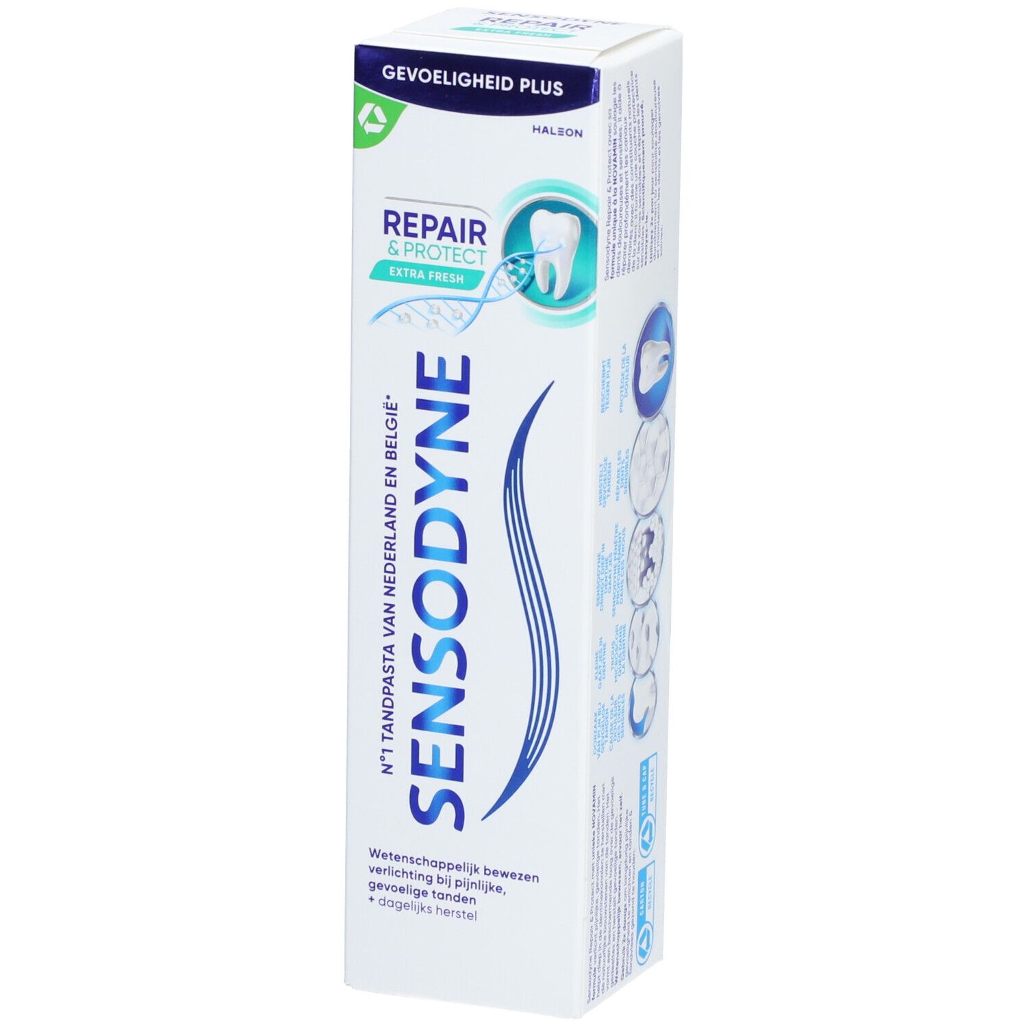 Emballage de dentifrice Sensodyne Repair & Protect Extra Fresh. Boîte blanche avec accents bleus et verts. Texte : Sensodyne, Repair & Protect.