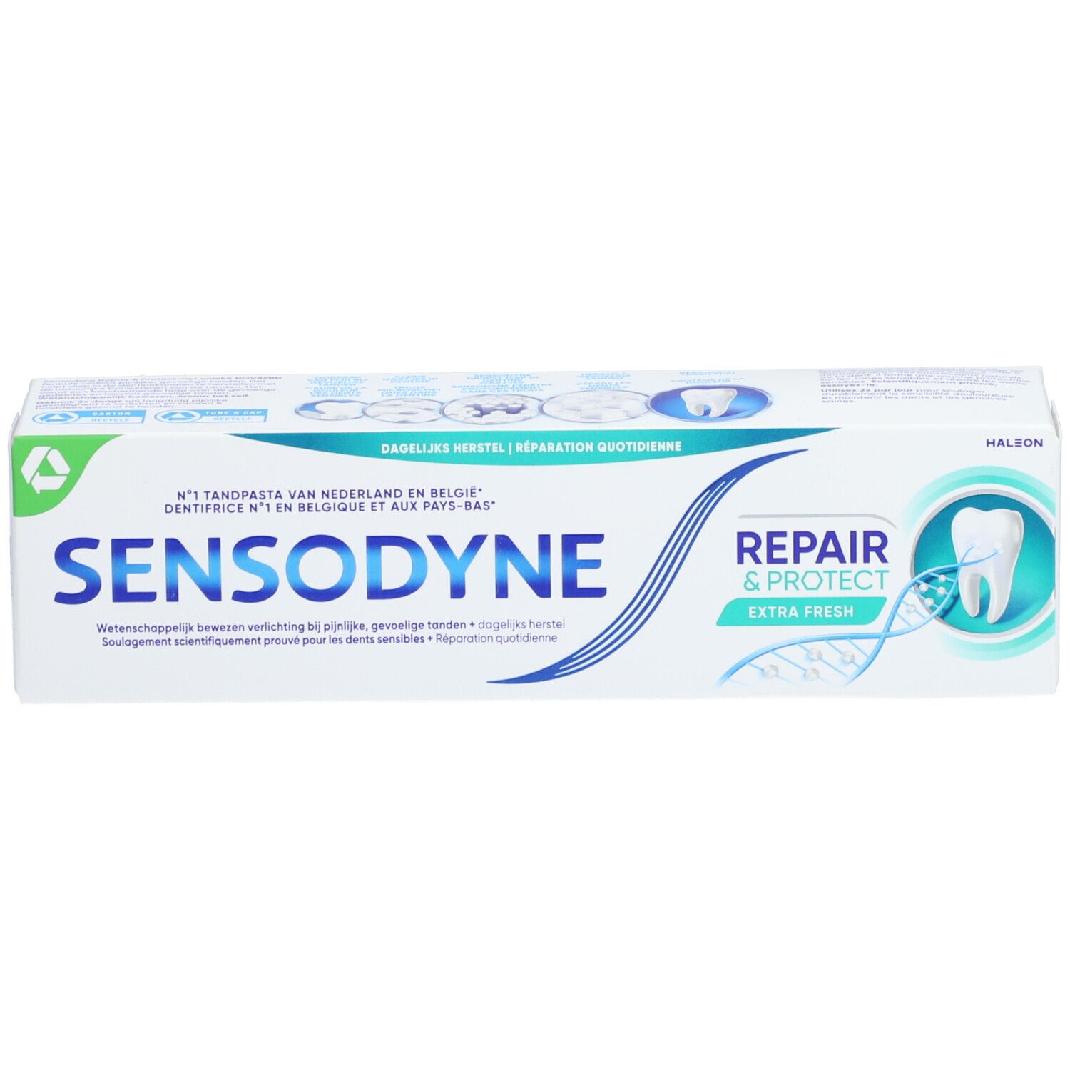 Emballage de dentifrice Sensodyne Repair & Protect Extra Fresh. Boîte blanche avec accents bleus et verts. Texte : Sensodyne, Repair & Protect.