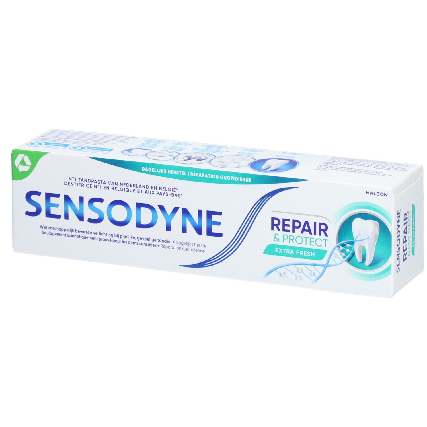 Emballage de dentifrice Sensodyne Repair & Protect Extra Fresh. Boîte blanche avec accents bleus et verts. Texte : Sensodyne, Repair & Protect.