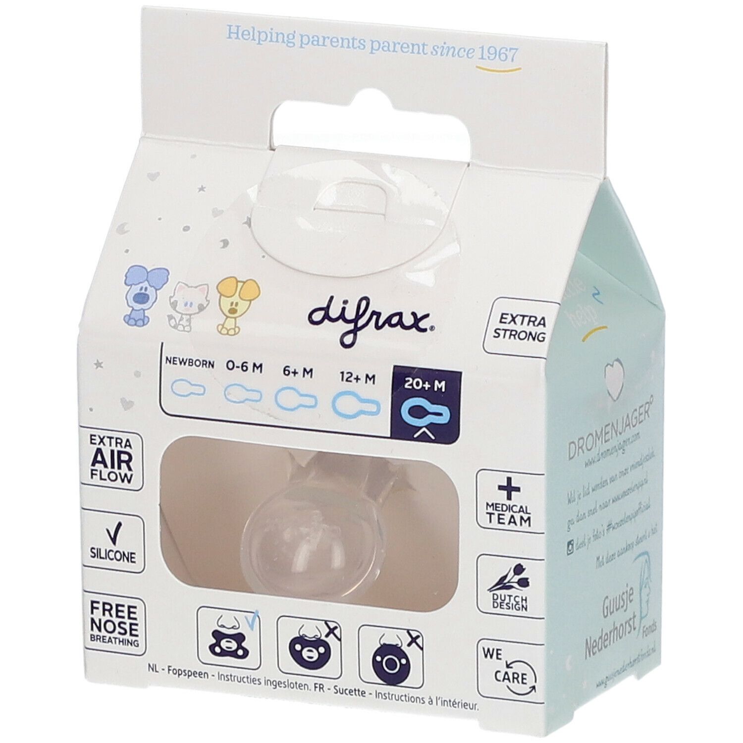 Emballage avec sucette. Marque Difrax. Pour 20+ mois. Texte: 'Extra Air Flow', 'Silicone', 'Free Nose Breathing'.