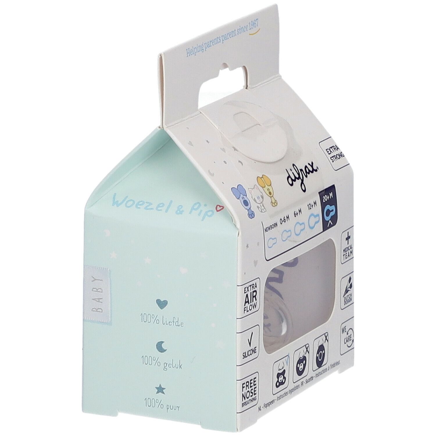 Emballage avec sucette. Marque Difrax. Pour 20+ mois. Texte: 'Extra Air Flow', 'Silicone', 'Free Nose Breathing'.