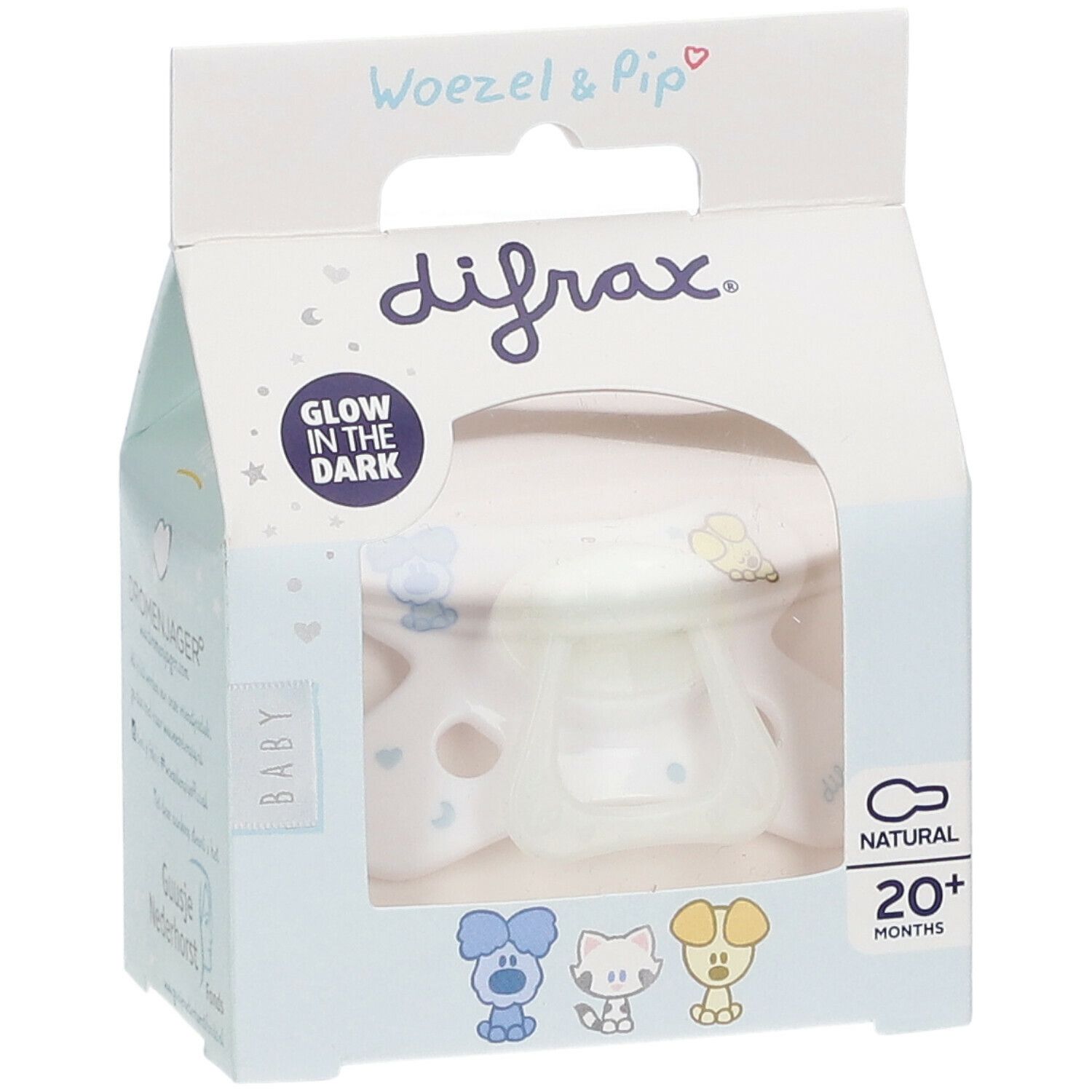 Sucette dans emballage. Marque Difrax, 'Glow in the Dark', 20+ mois. Motif Woezel & Pip.