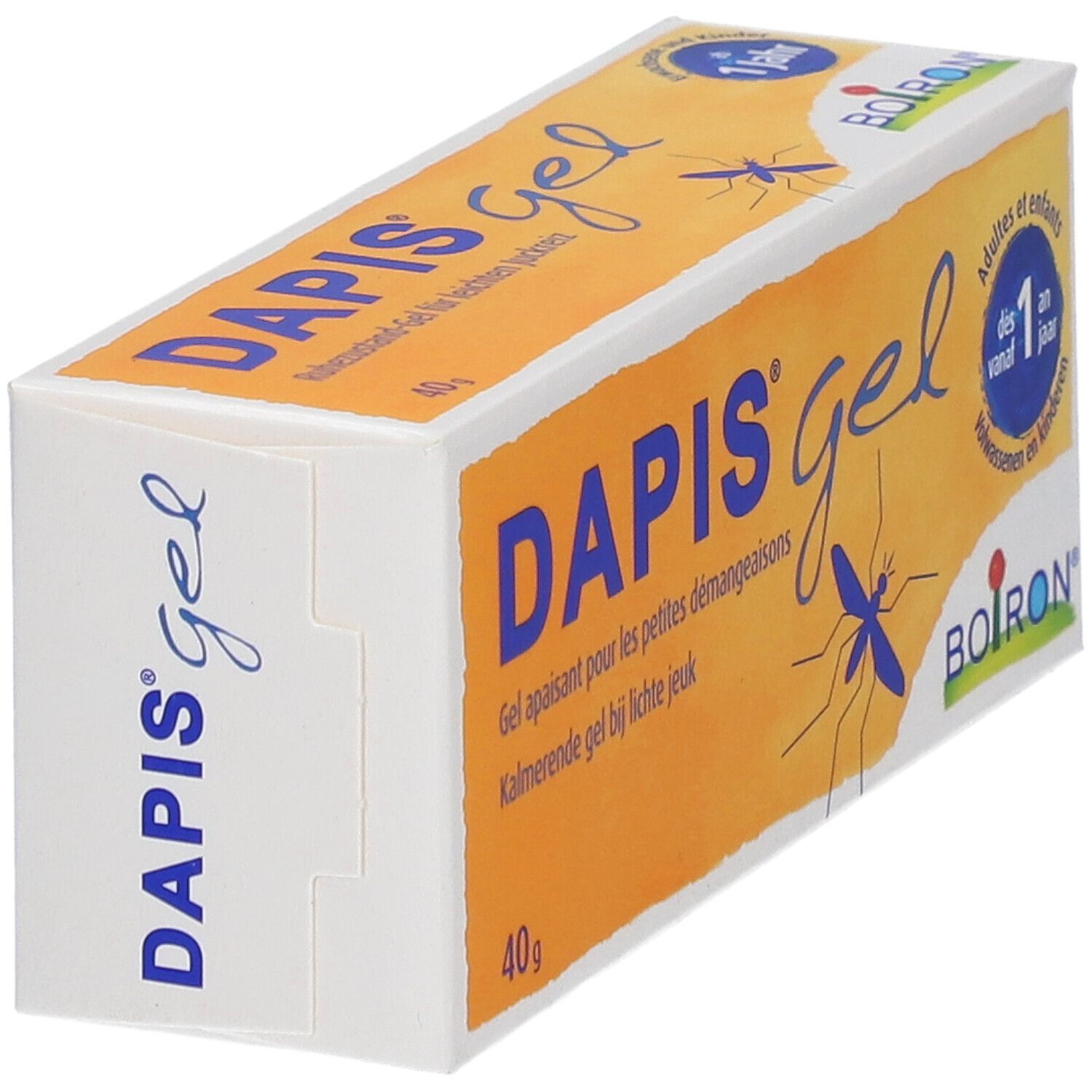 Schachtel DAPIS® Gel. Orange-weiße Verpackung mit Produktnamen und Logo. Enthält 40g.