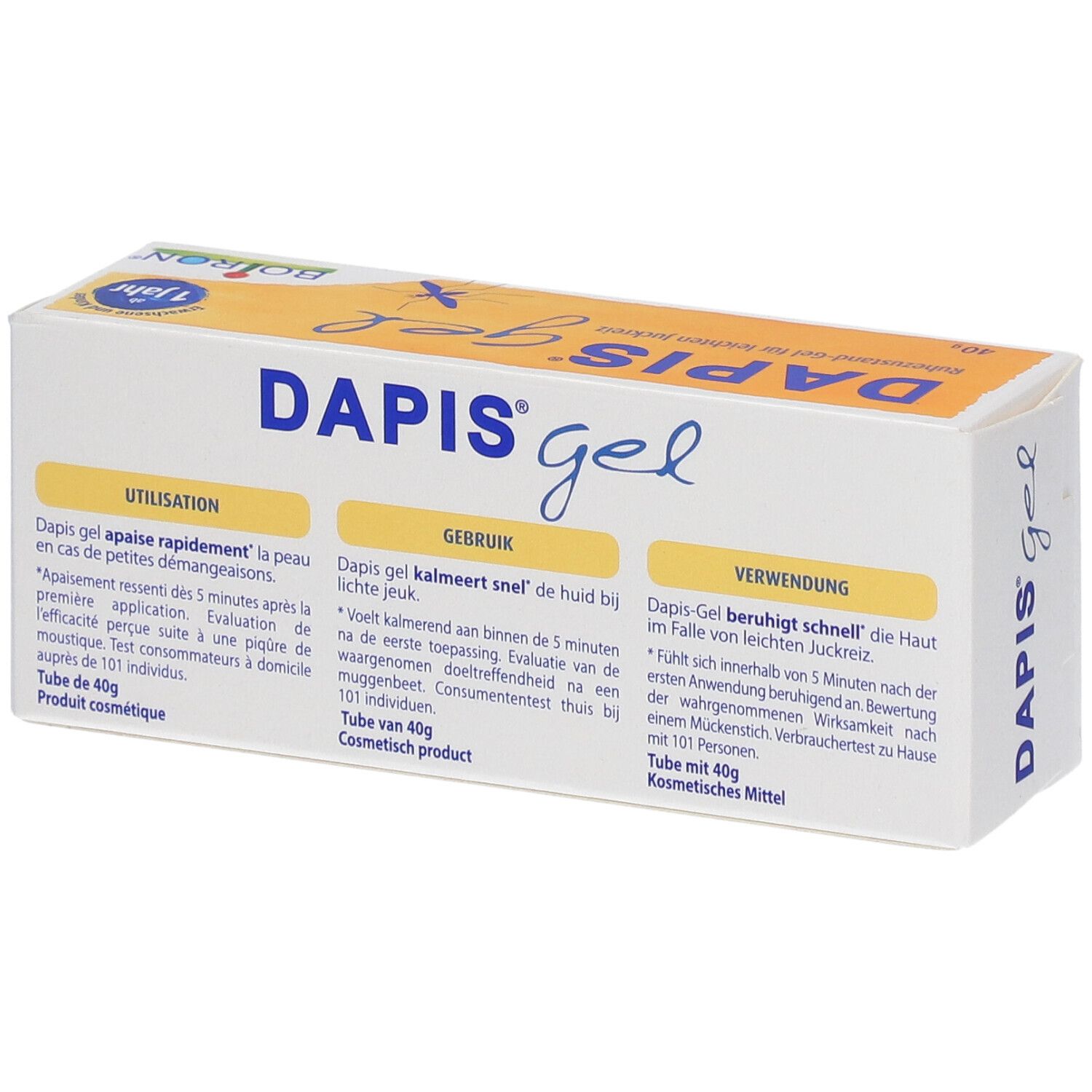 DAPIS® Gel-Verpackung. Orange-weiße Schachtel mit Produktinformationen. Enthält 40g.