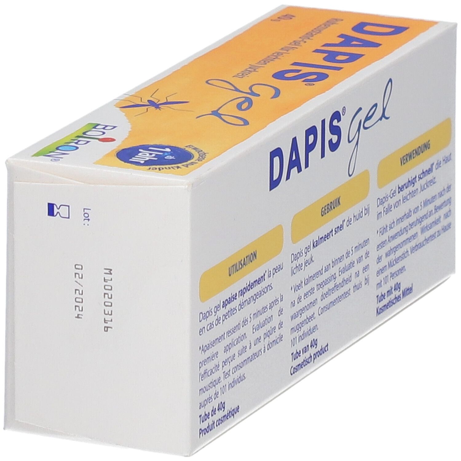 DAPIS® Gel-Verpackung. Orange-weiße Schachtel mit Produktinformationen. Enthält 40g.
