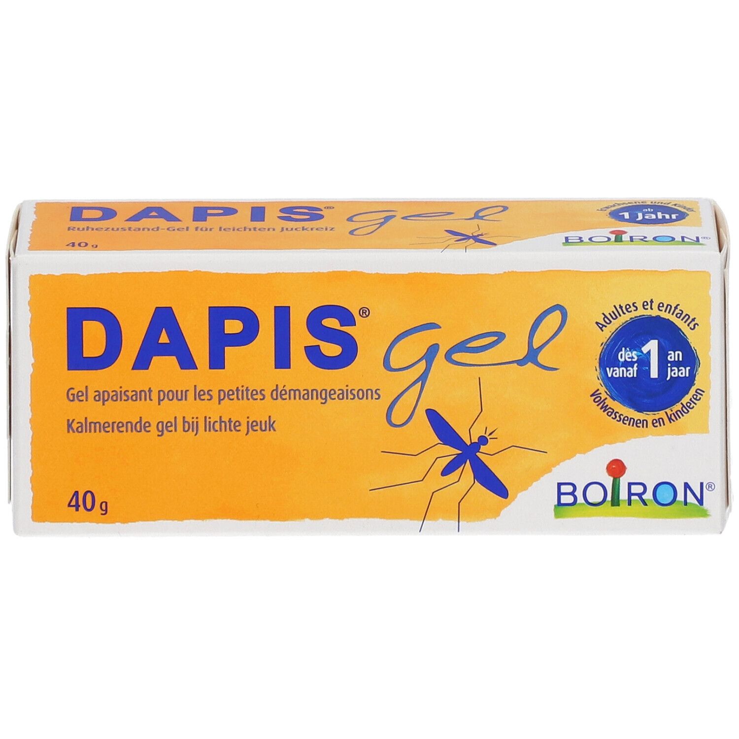 DAPIS® Gel-Verpackung. Orange-weiße Schachtel mit Produktnamen und Logo. Enthält 40g.