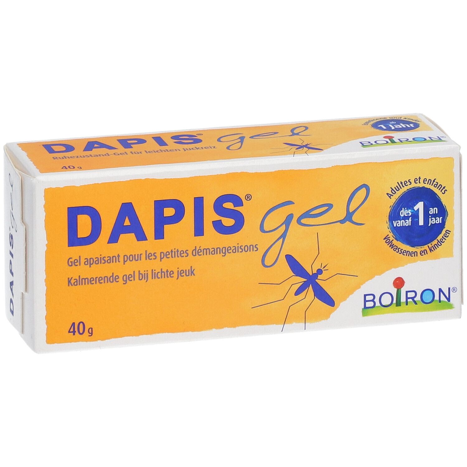 DAPIS® Gel-Verpackung. Orange-weiße Schachtel mit Produktnamen und Logo. Enthält 40g.