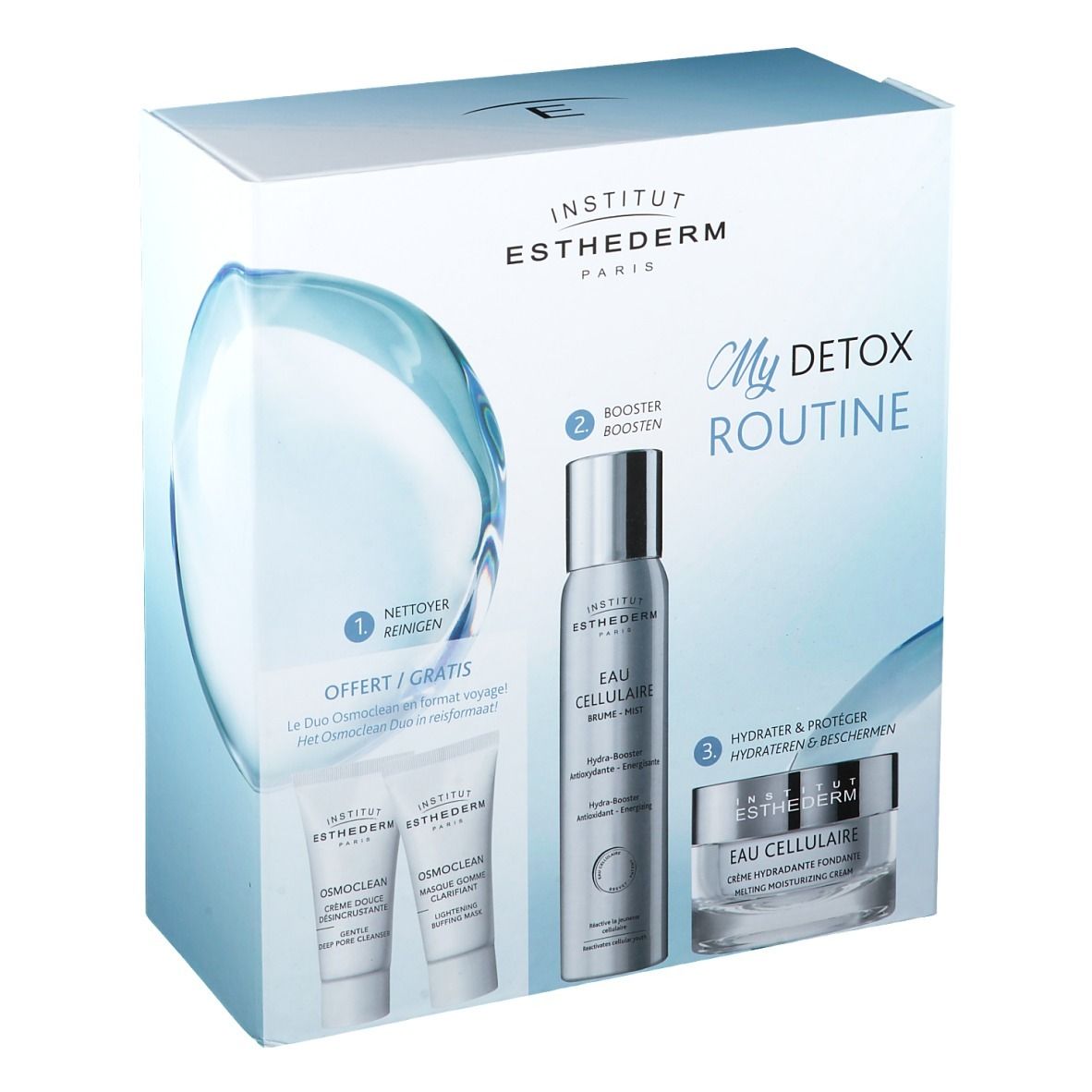 Geschenkverpakking INSTITUT ESTHEDERM My Detox Routine. Bevat reiniger, booster en crème. Wit en blauw.