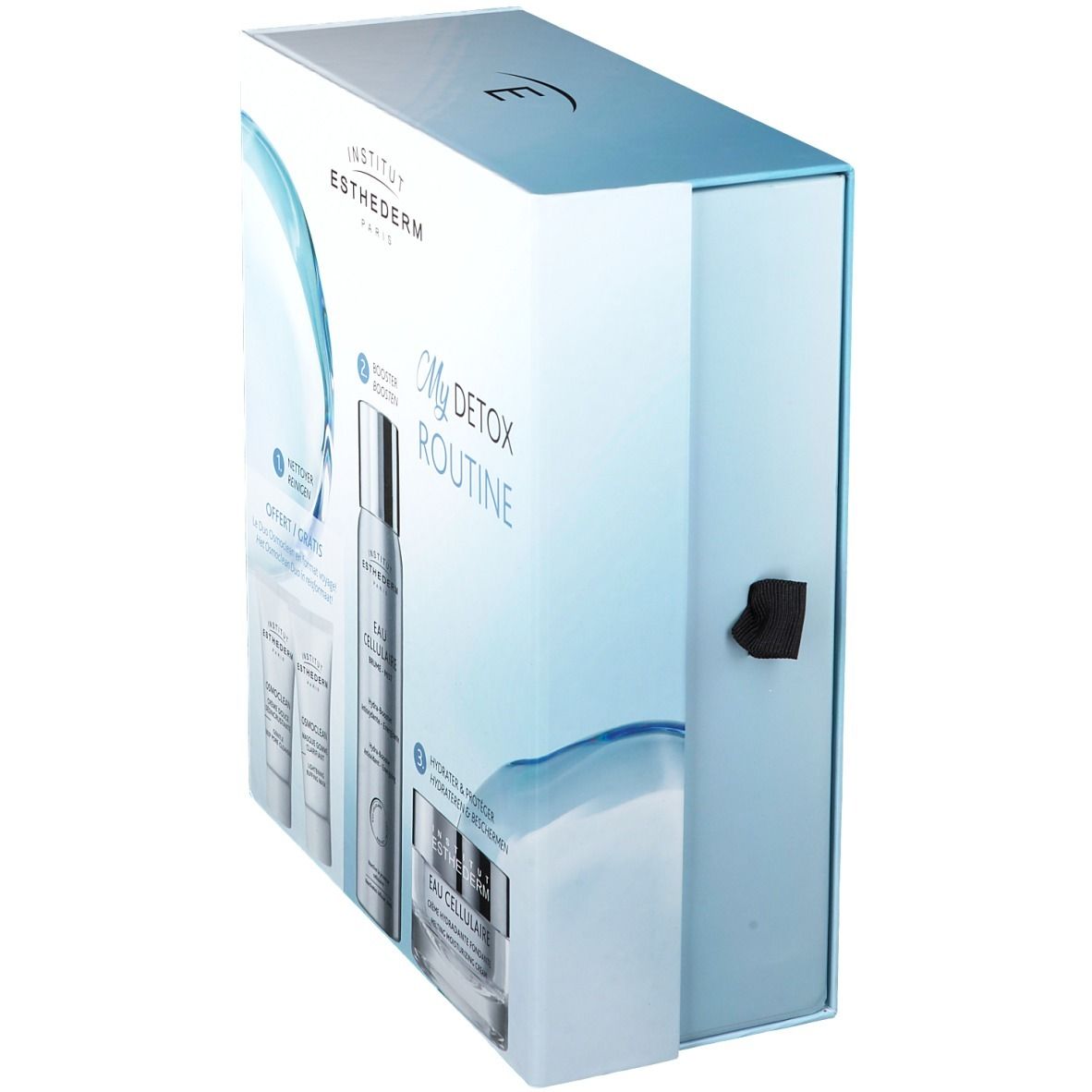 Schuine weergave van de geschenkverpakking INSTITUT ESTHEDERM My Detox Routine. Wit en blauw met sluiting.